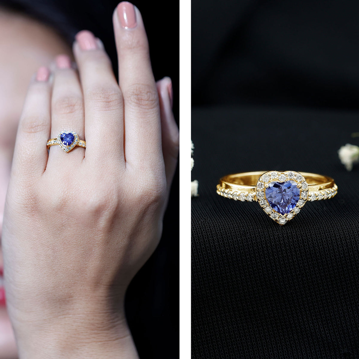 Certified 0.9 Carat Lab Grown Blue Sapphire Heart Engagement Ring with Diamond Halo AAAA - Rosec Jewels