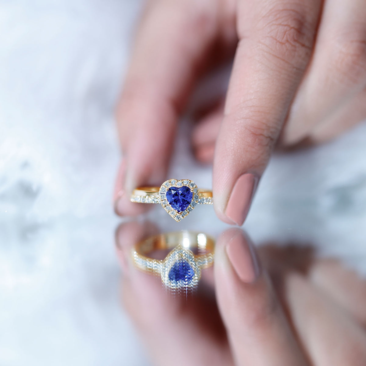 Certified 0.9 Carat Lab Grown Blue Sapphire Heart Engagement Ring with Diamond Halo AAAA - Rosec Jewels