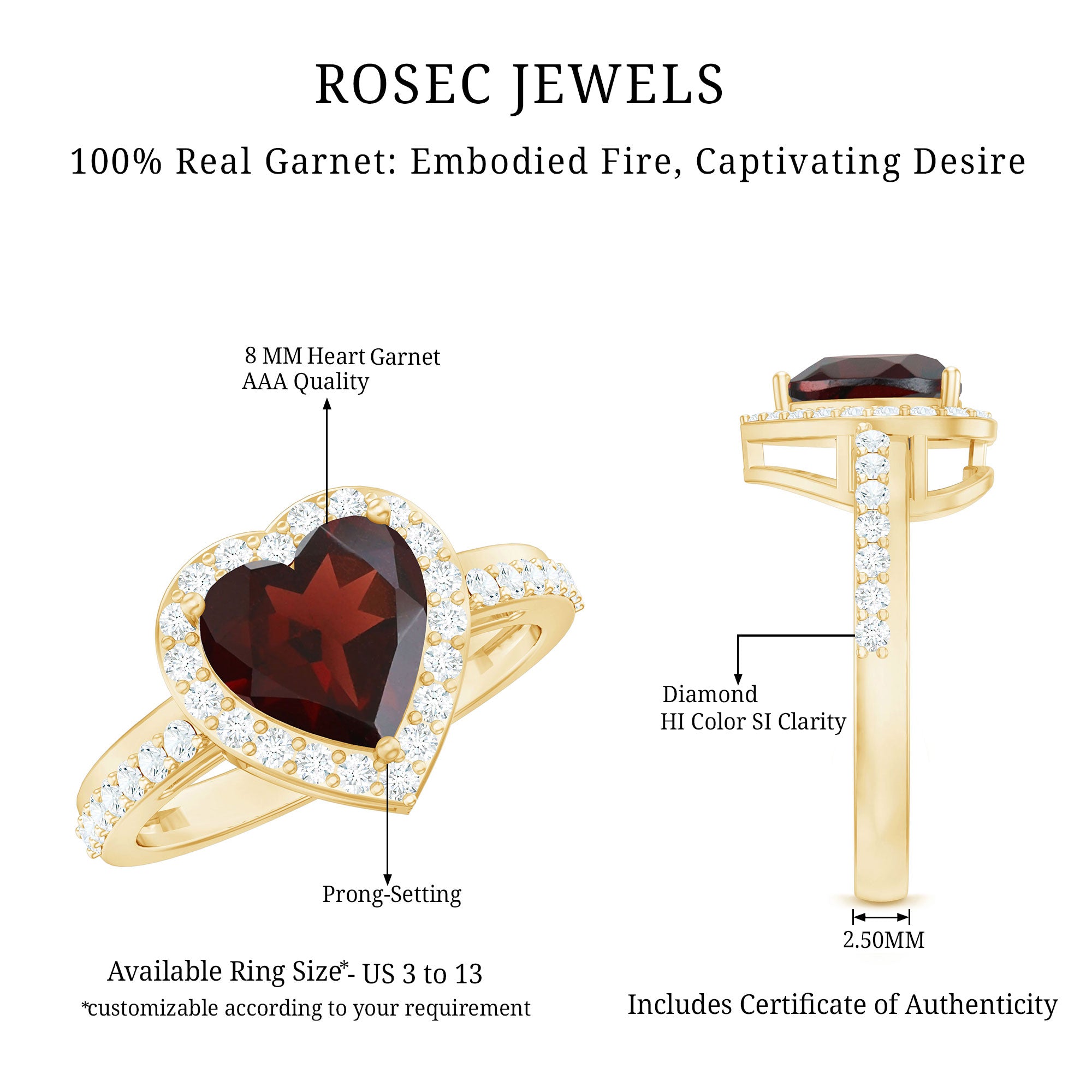 Natural Garnet Heart Shaped Engagement Ring with Diamond Halo AAA - Rosec Jewels