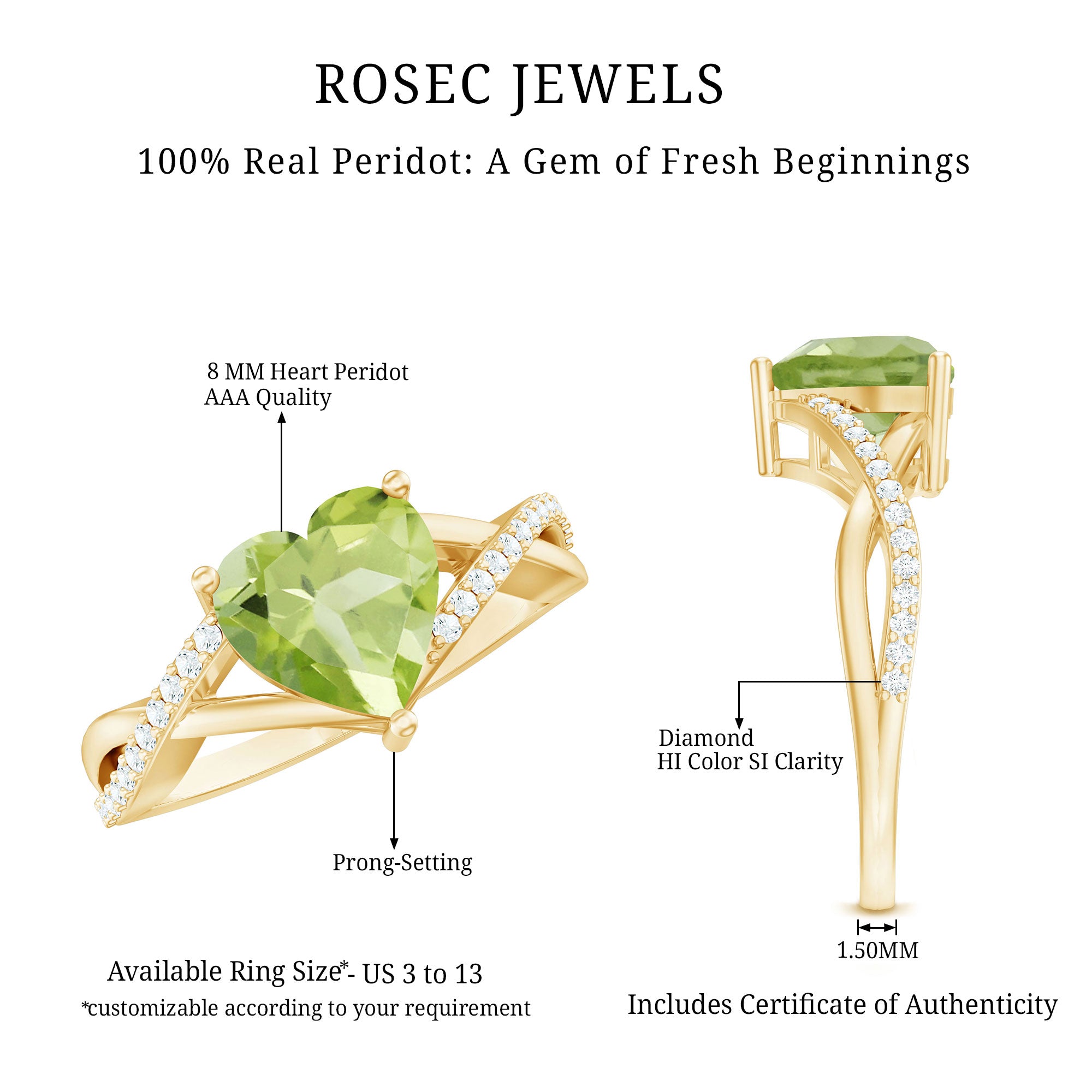 Natural 2 Carat Peridot Heart Engagement Ring with Diamond Crossover Shank AAA - Rosec Jewels