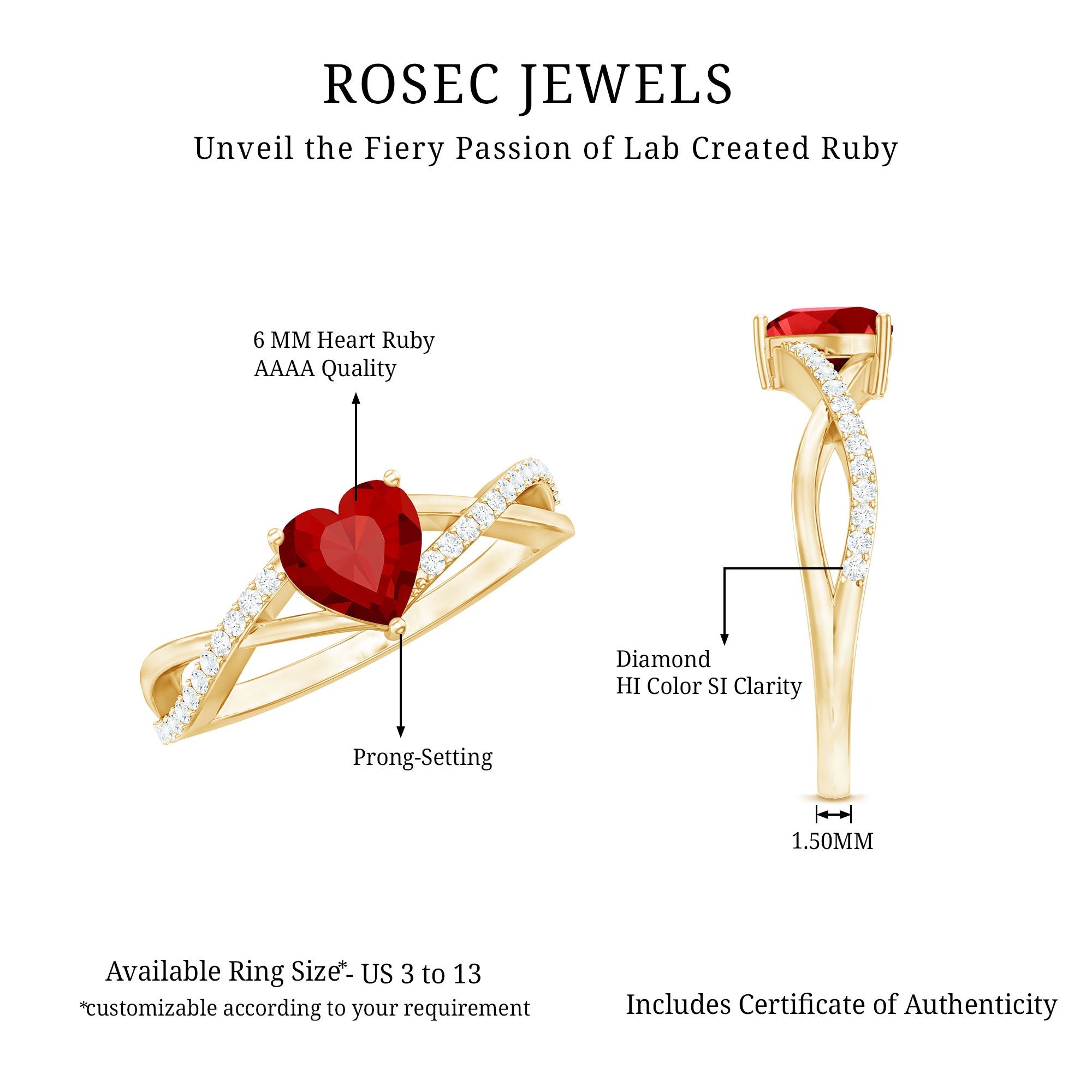 Rosec Jewels-Lab Created Ruby and Diamond Heart Engagement Ring in Crossover Band