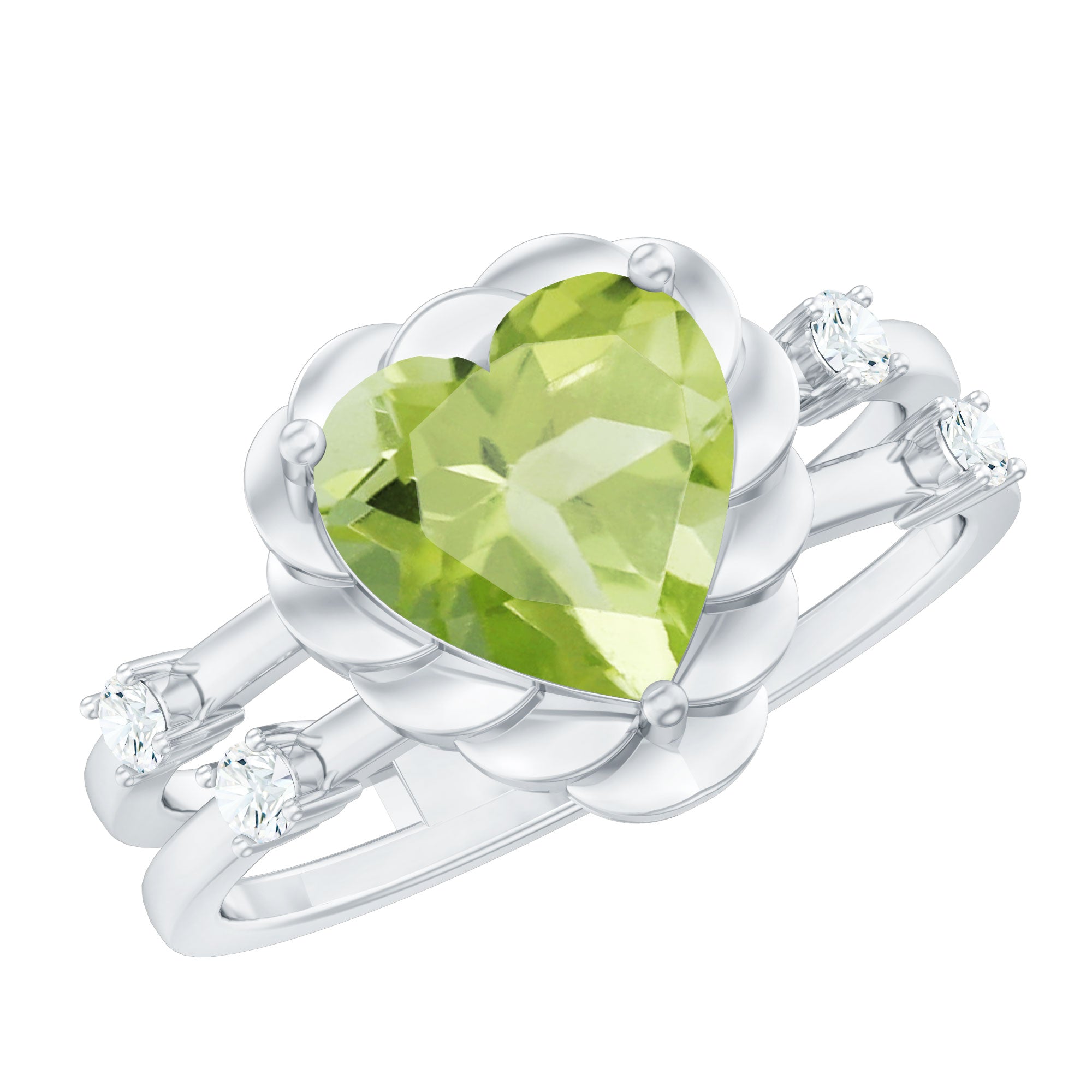 Heart Shape Peridot Solitaire Band Ring with Diamond Stones AAA - Rosec Jewels