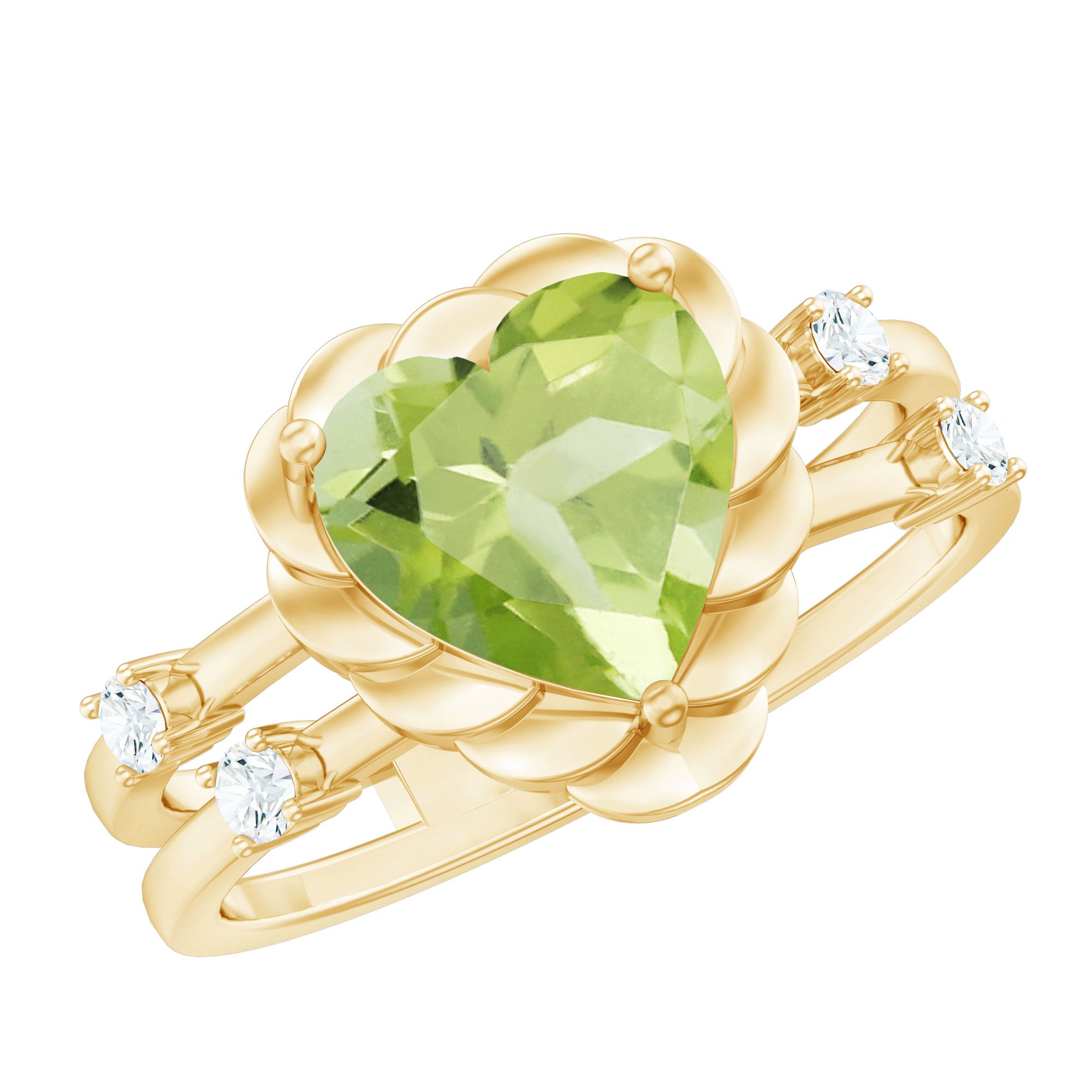 Heart Shape Peridot Solitaire Band Ring with Diamond Stones AAA - Rosec Jewels