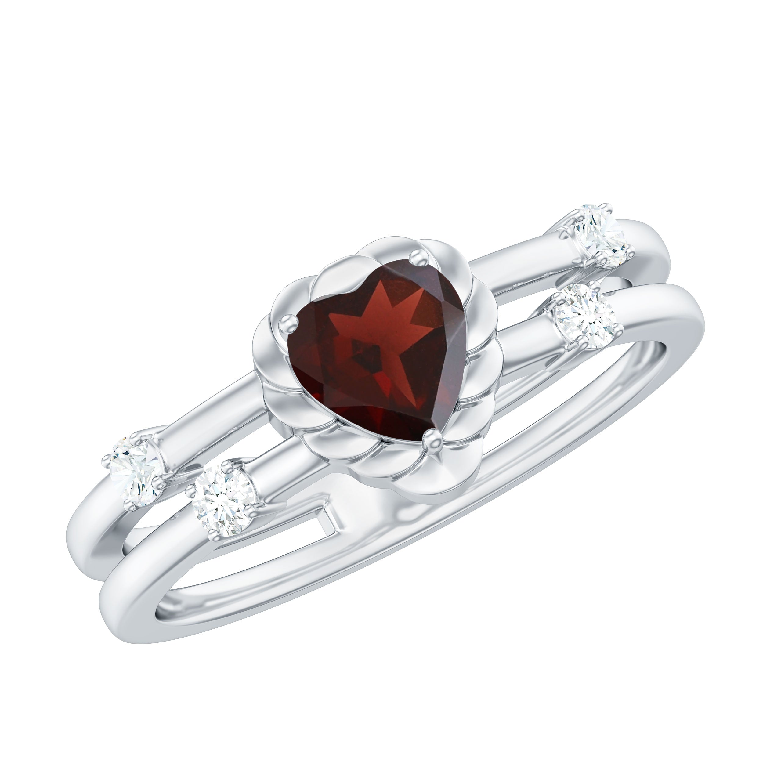 Natural Heart Shaped Garnet Diamond Double Band Engagement Ring