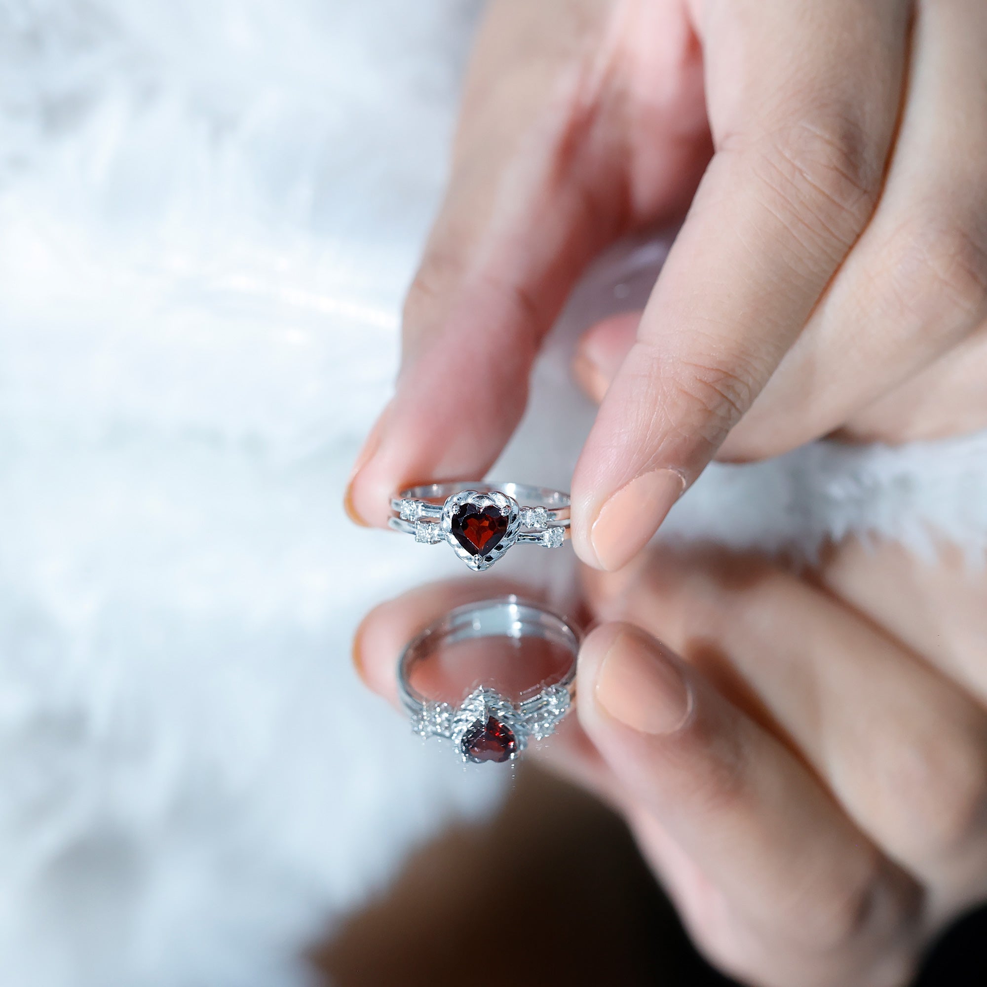 Natural Heart Shaped Garnet Diamond Double Band Engagement Ring AAA - Rosec Jewels
