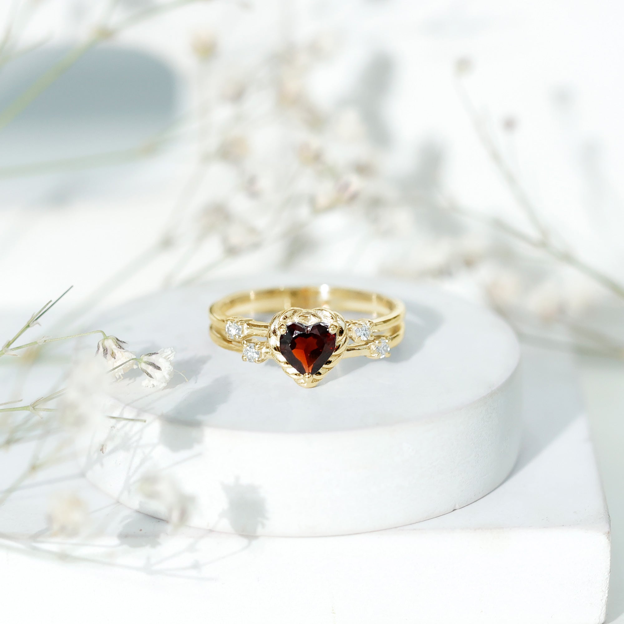 Natural Heart Shaped Garnet Diamond Double Band Engagement Ring AAA - Rosec Jewels