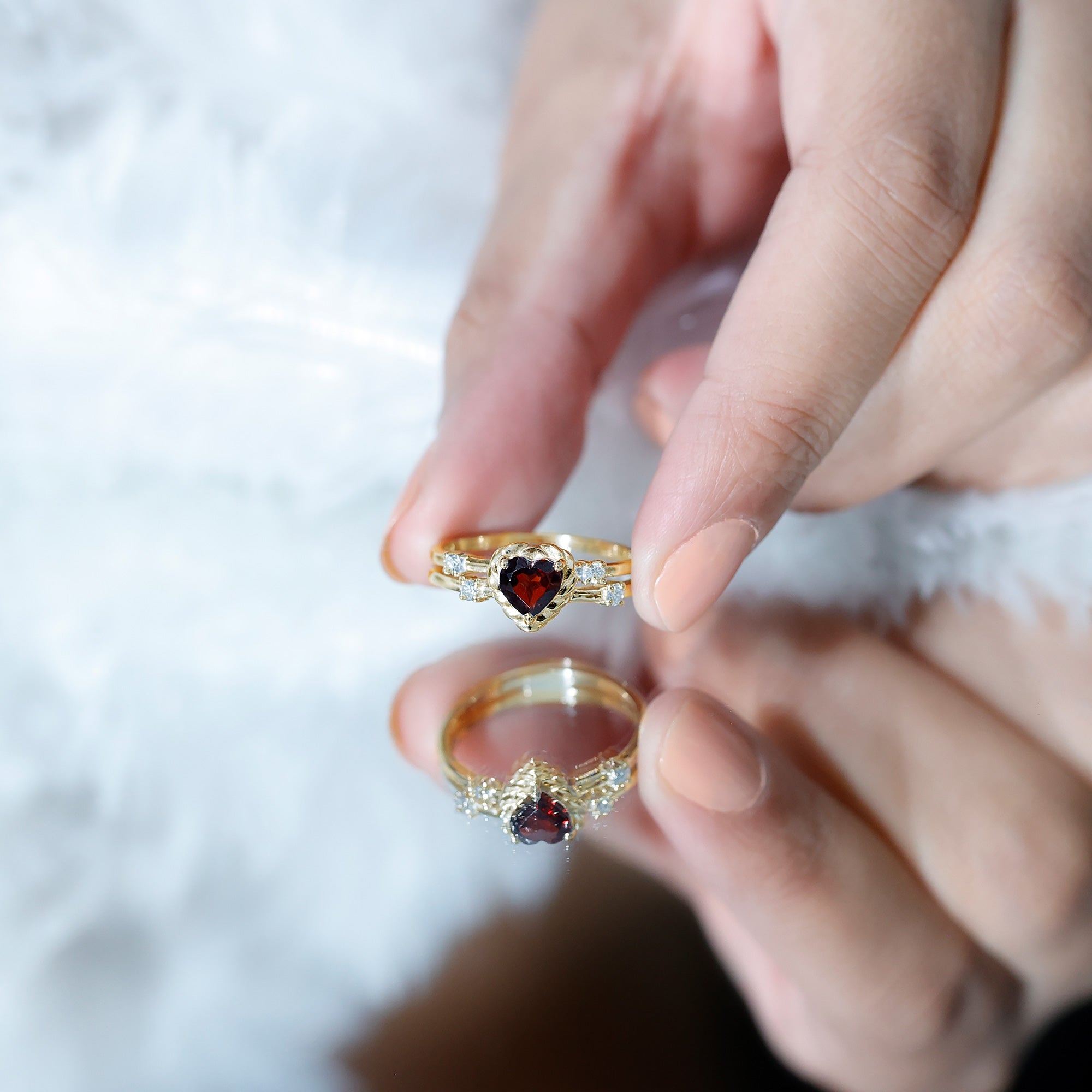 Natural Heart Shaped Garnet Diamond Double Band Engagement Ring AAA - Rosec Jewels