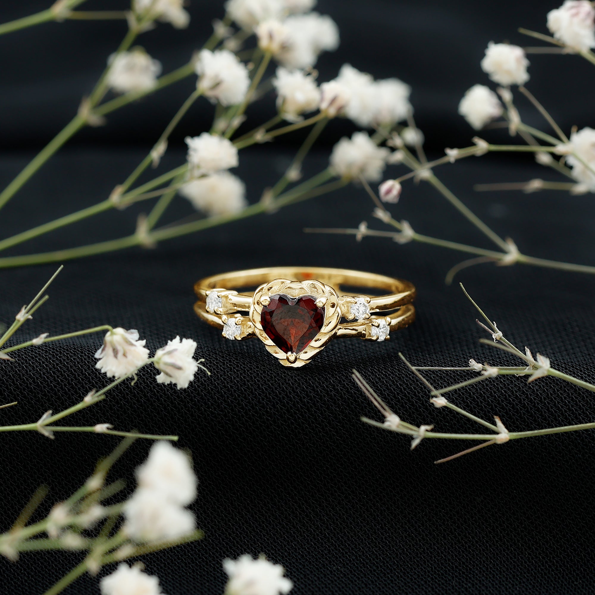 Natural Heart Shaped Garnet Diamond Double Band Engagement Ring AAA - Rosec Jewels