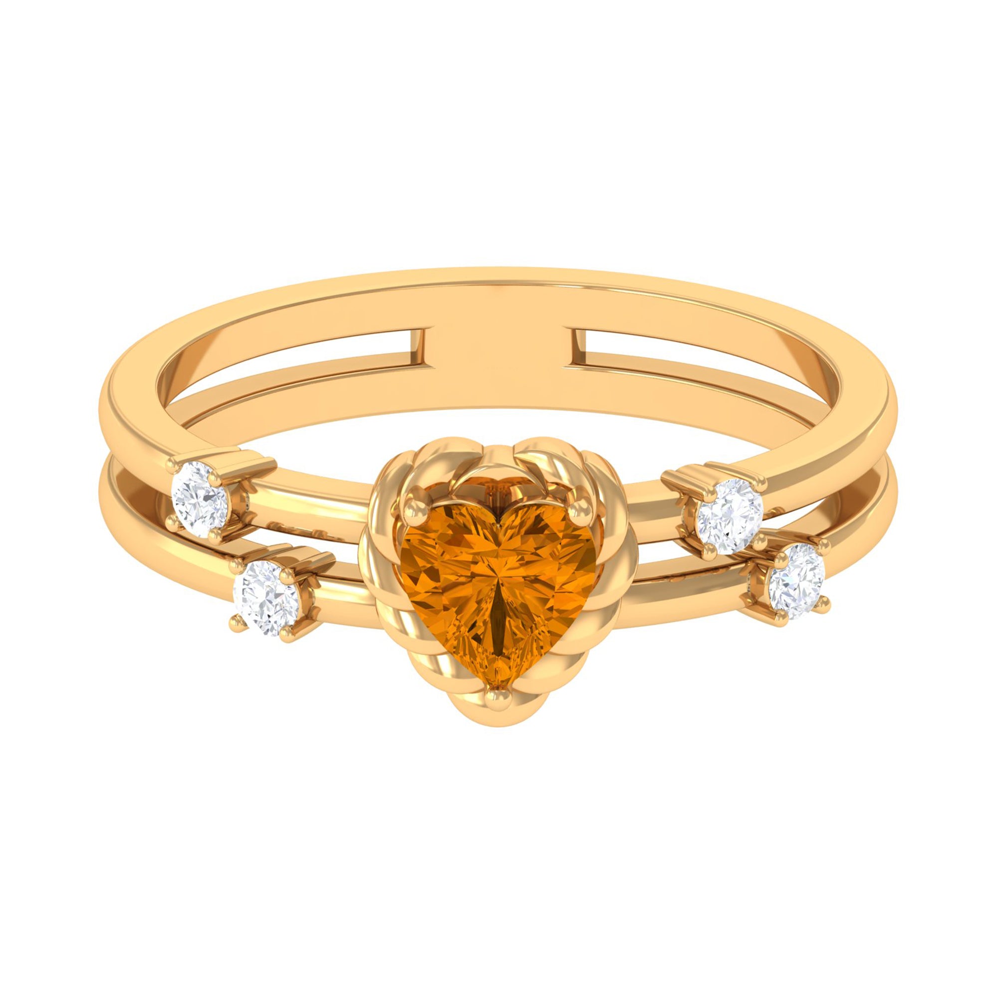 Heart Shape Citrine Solitaire Double Band Ring with Diamond AAA - Rosec Jewels