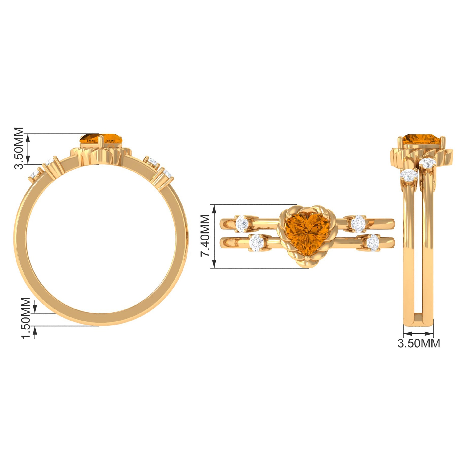 Heart Shape Citrine Solitaire Double Band Ring with Diamond AAA - Rosec Jewels