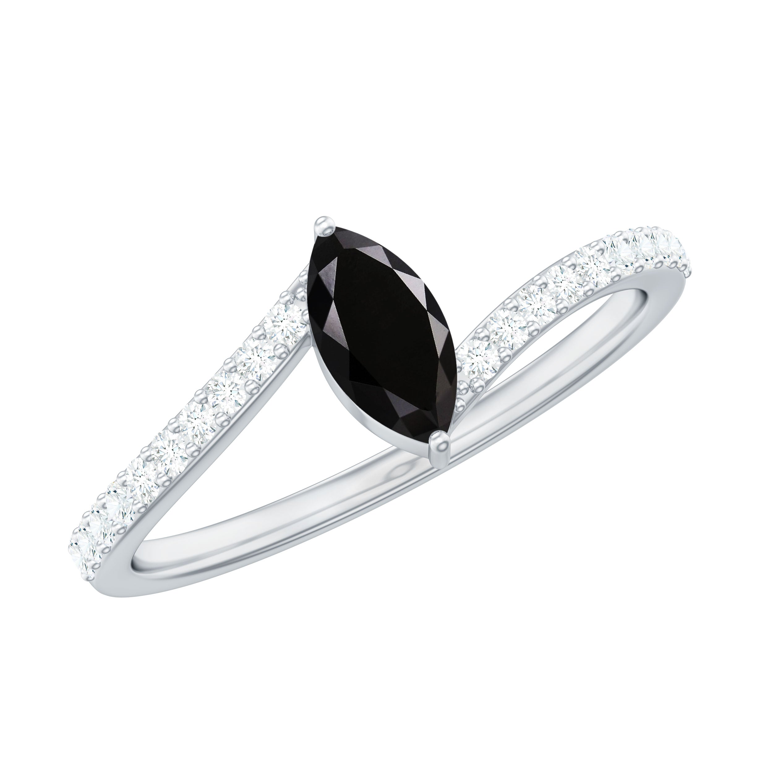 4X8mm Marquise Cut Black Onyx Promise Ring with Diamond Bypass Shank