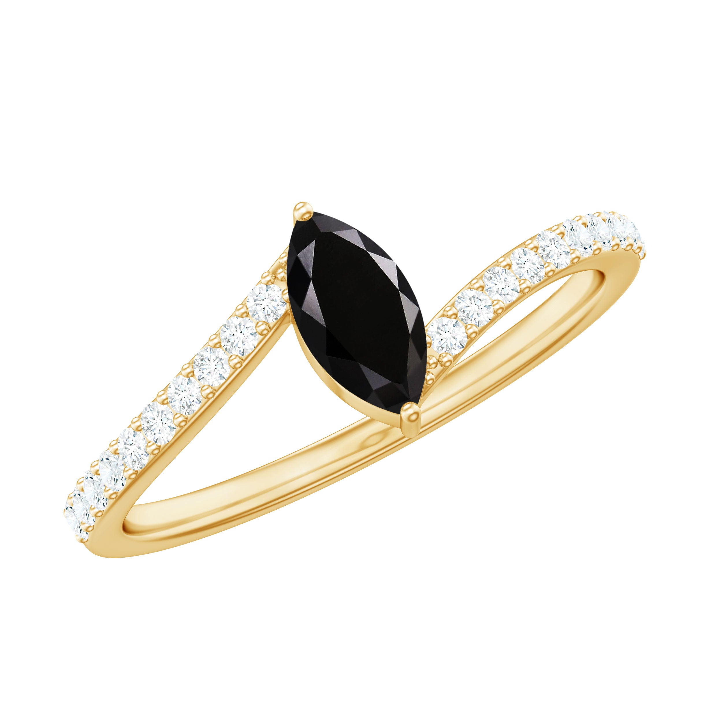 4X8mm Marquise Cut Black Onyx Promise Ring with Diamond Bypass Shank AAA - Rosec Jewels