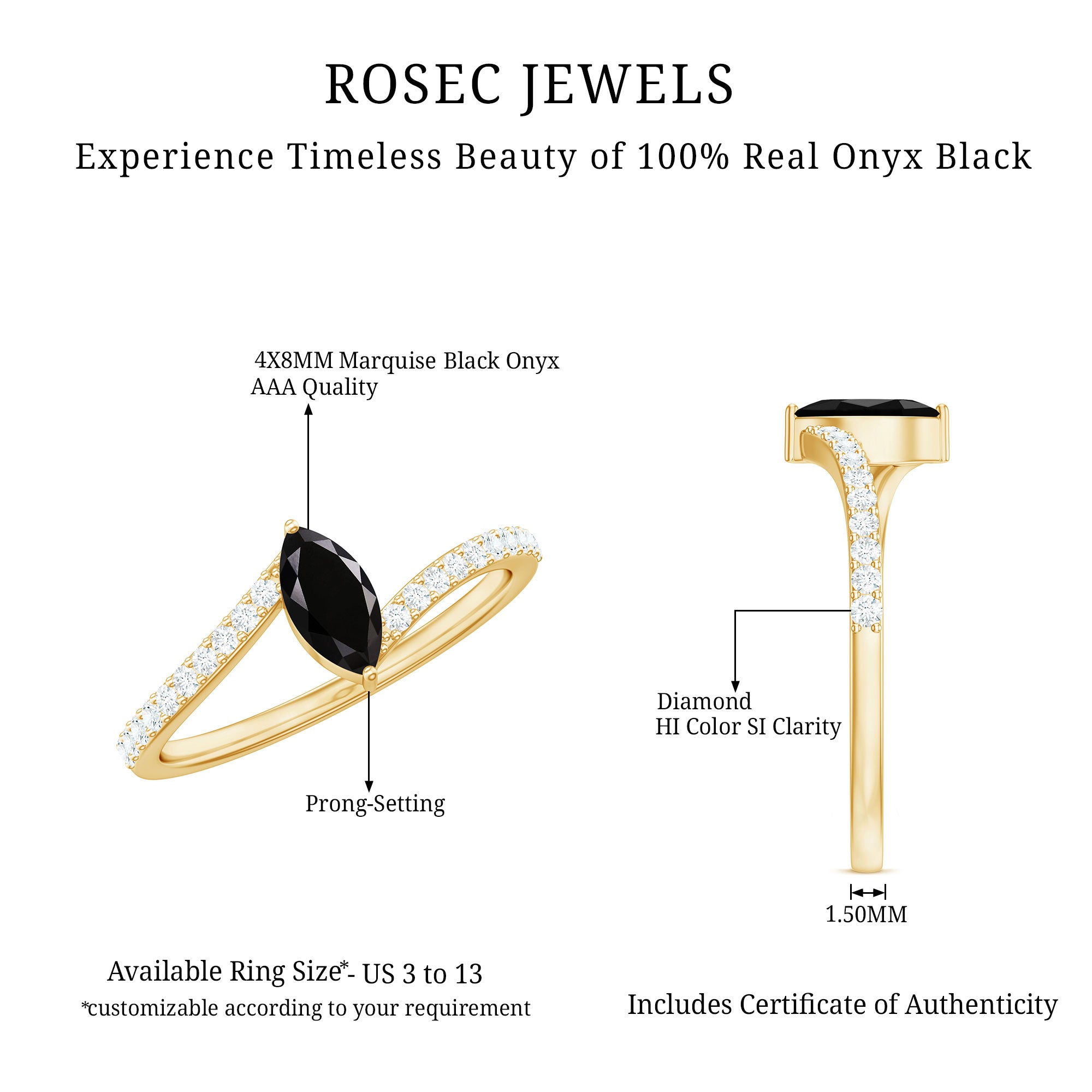 4X8mm Marquise Cut Black Onyx Promise Ring with Diamond Bypass Shank AAA - Rosec Jewels