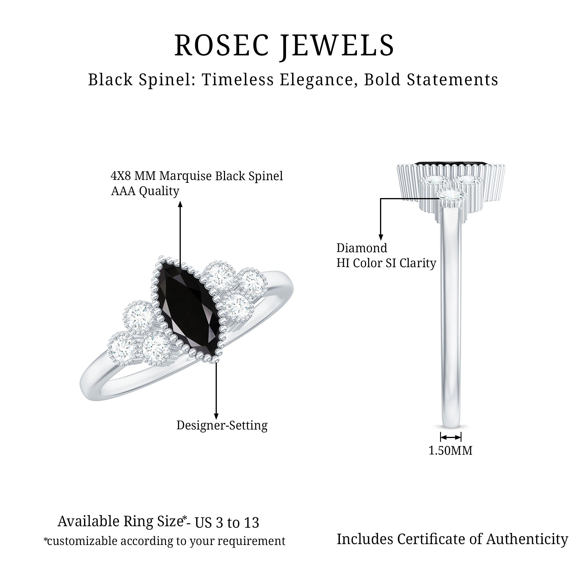 Natural Marquise Black Spinel Engagement Ring with Diamond Trio AAA - Rosec Jewels