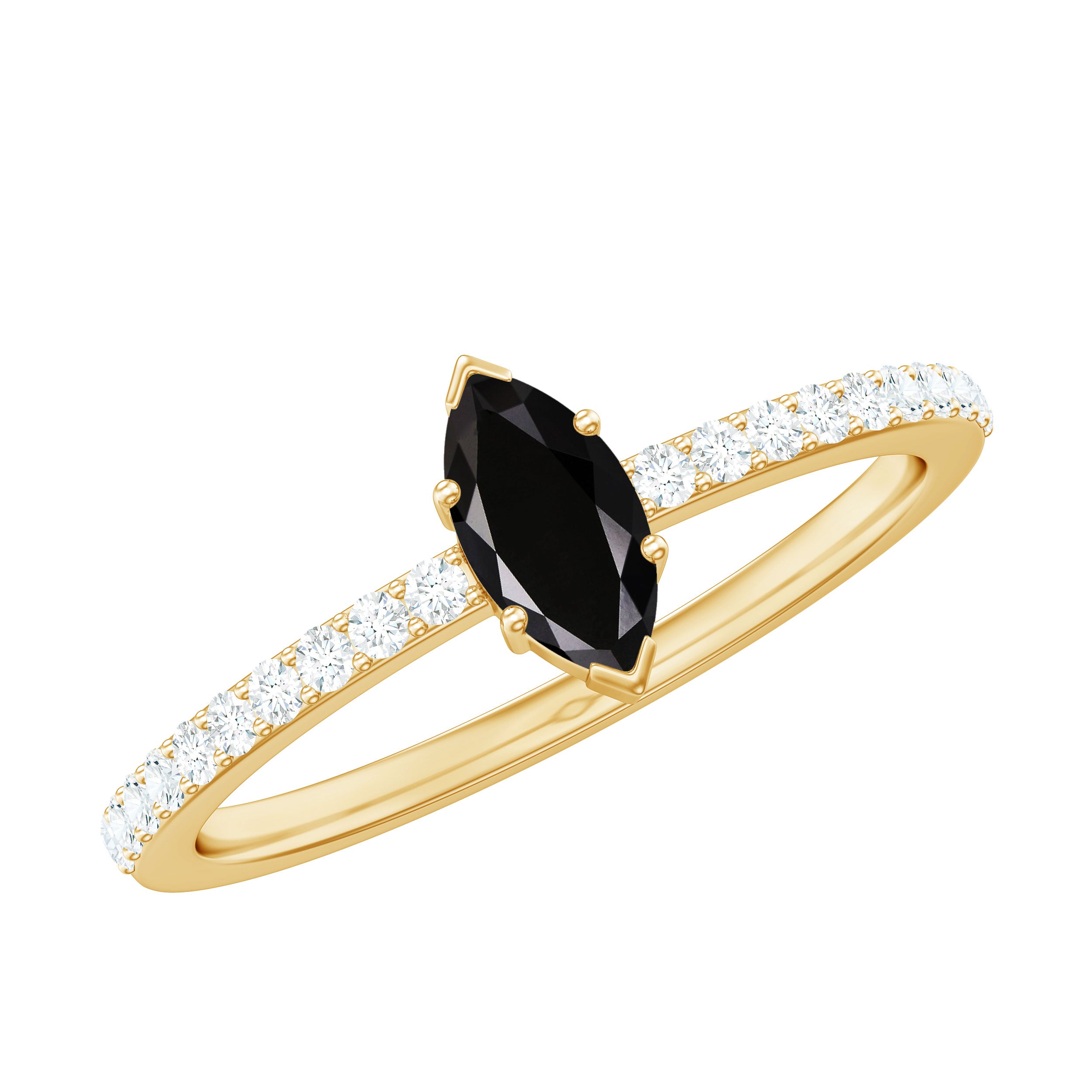 4x8mm Marquise Cut Black Onyx Minimal Promise Ring with Diamond AAA - Rosec Jewels