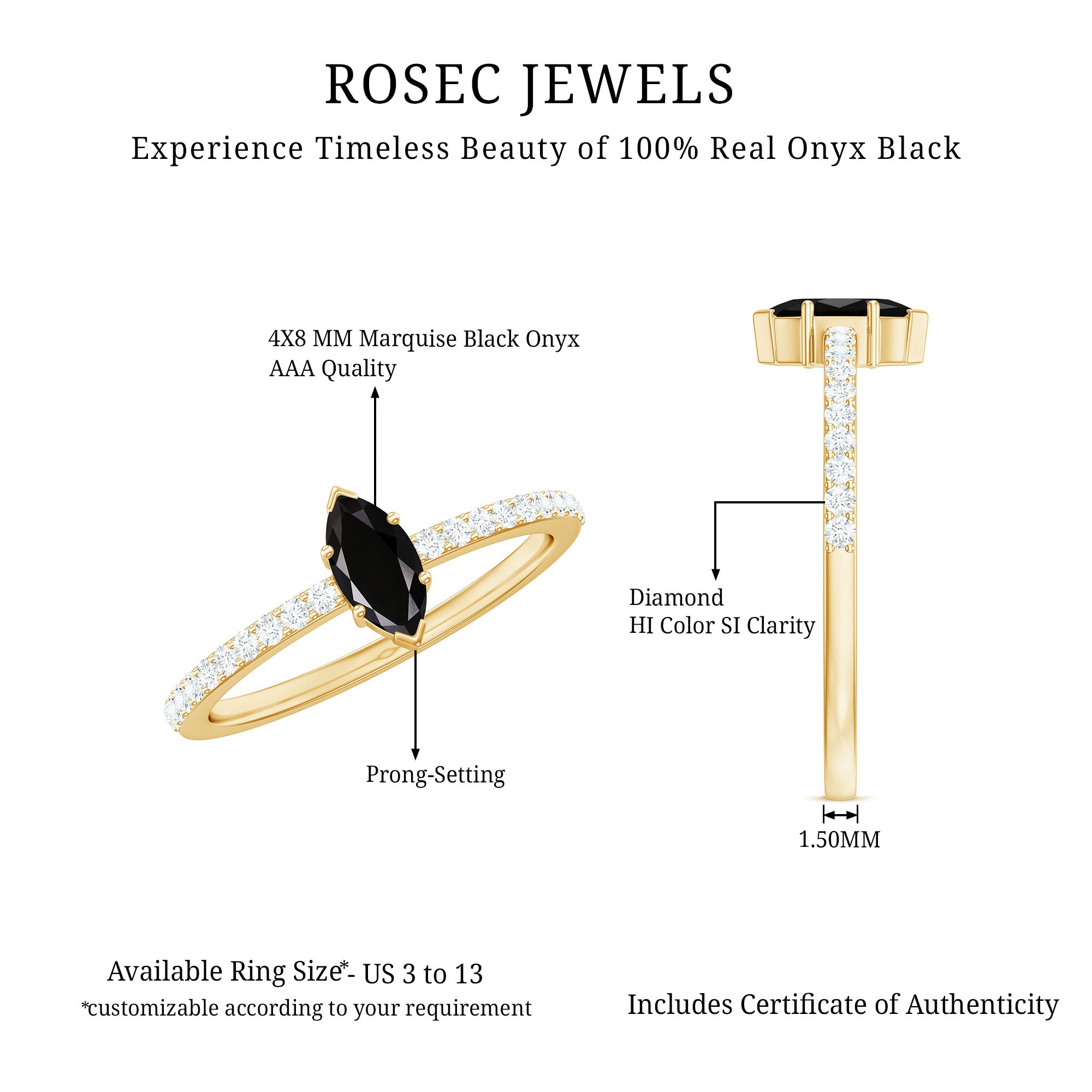 4x8mm Marquise Cut Black Onyx Minimal Promise Ring with Diamond AAA - Rosec Jewels