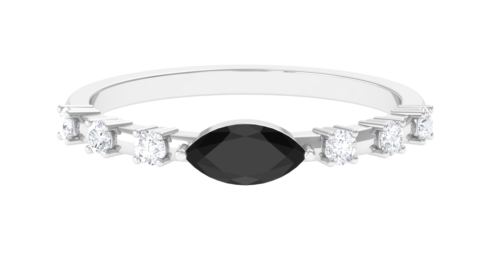 1/2 CT Marquise Cut Black Spinel East West Ring with Diamond AAA - Rosec Jewels