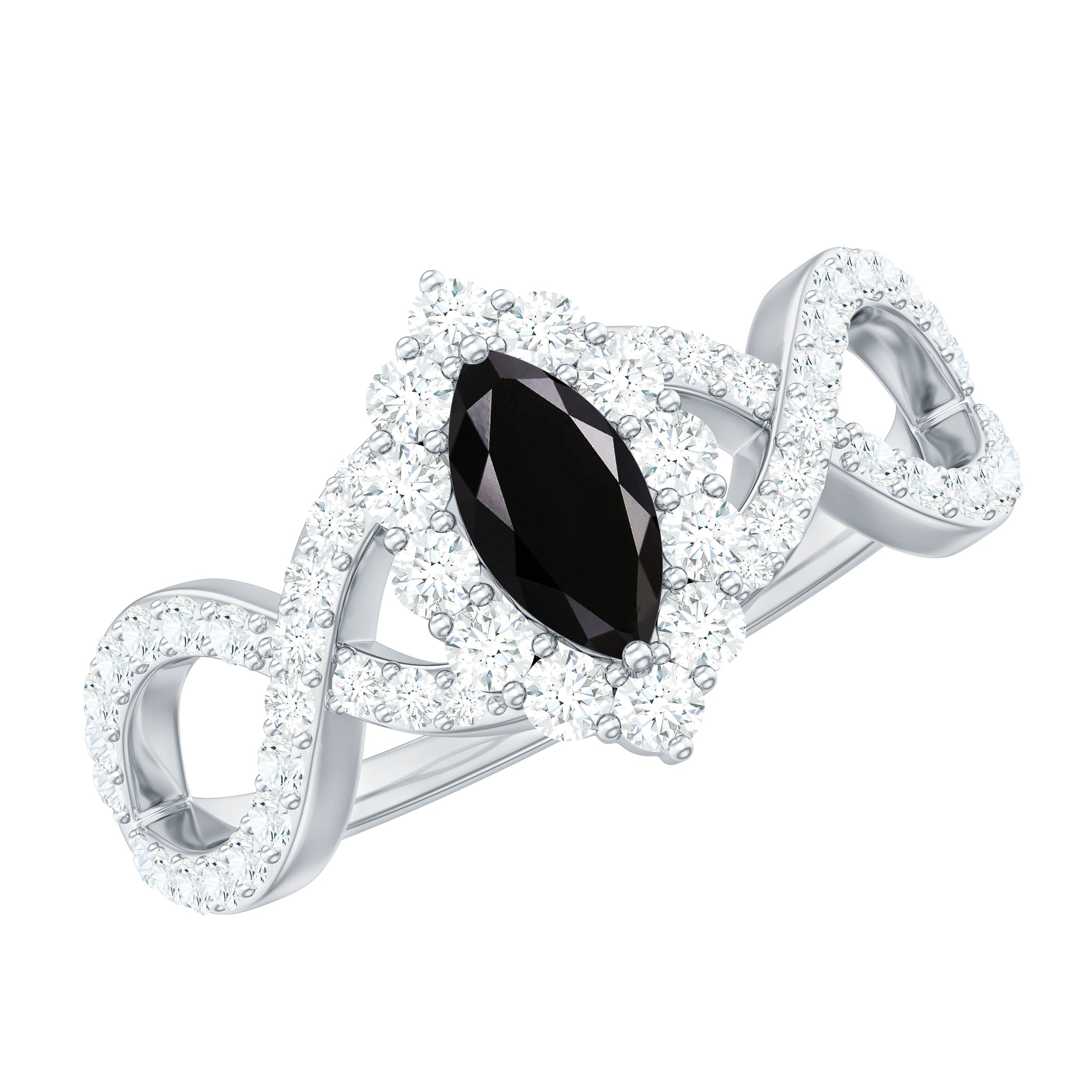 4x8mm Marquise Cut Black Onyx Statement Engagement Ring with Diamond Halo