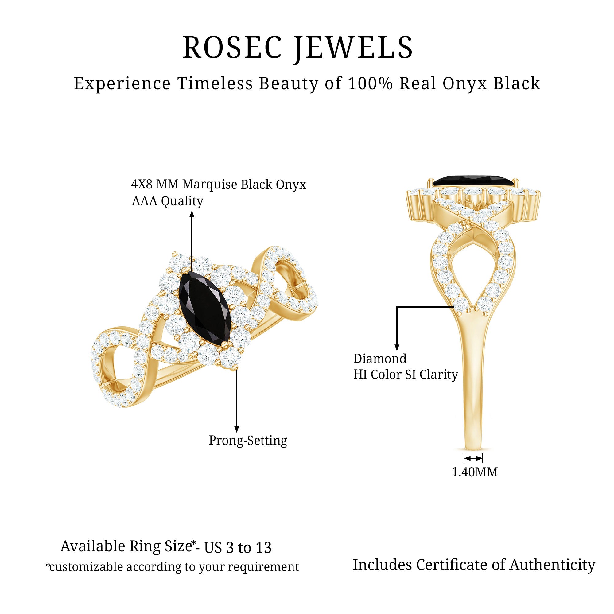 4x8mm Marquise Cut Black Onyx Statement Engagement Ring with Diamond Halo AAA - Rosec Jewels