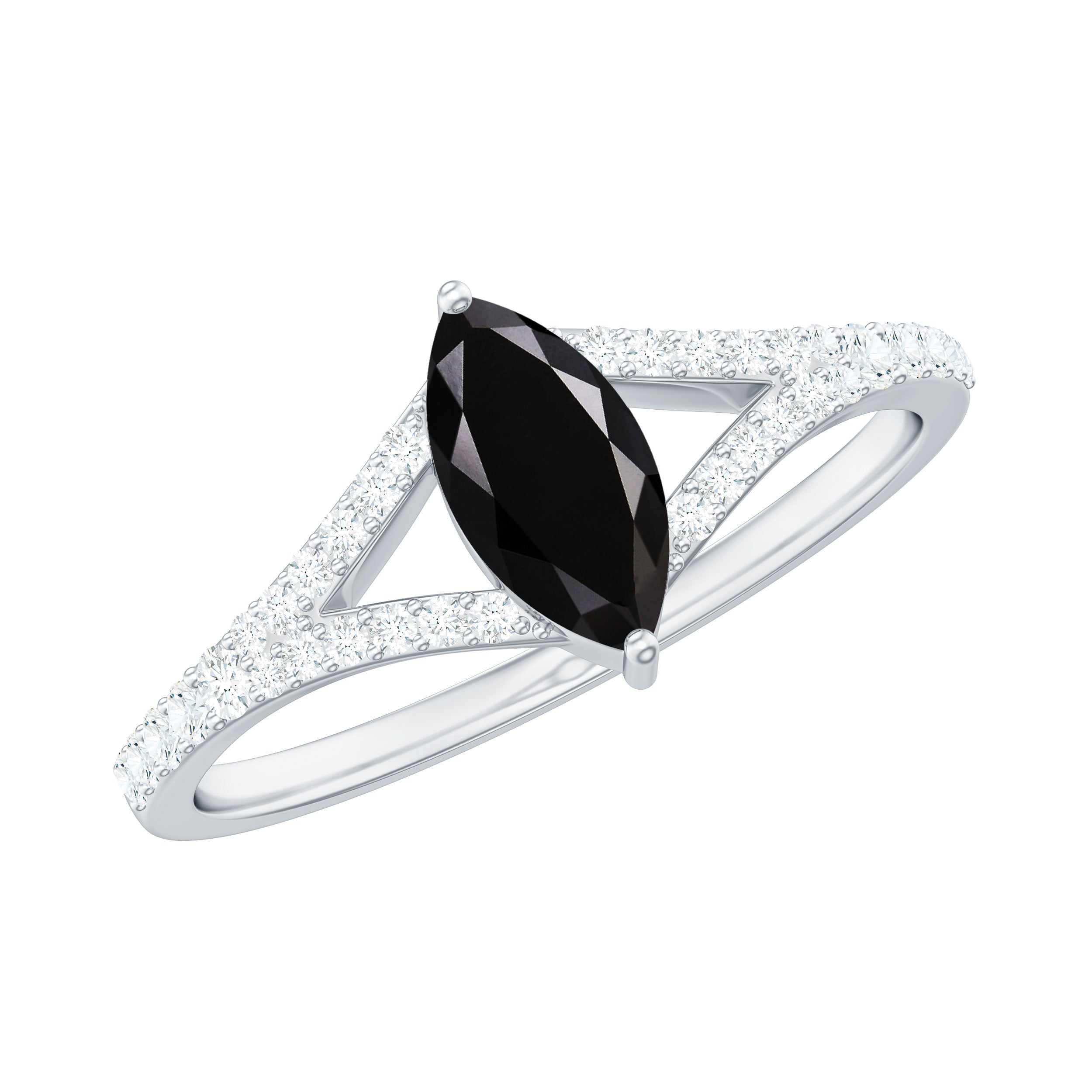 Minimal Black Spinel Marquise Engagement Ring with Diamond Split Shank AAA - Rosec Jewels