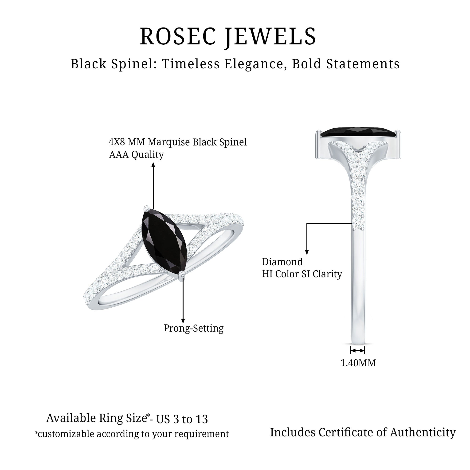 Minimal Black Spinel Marquise Engagement Ring with Diamond Split Shank AAA - Rosec Jewels