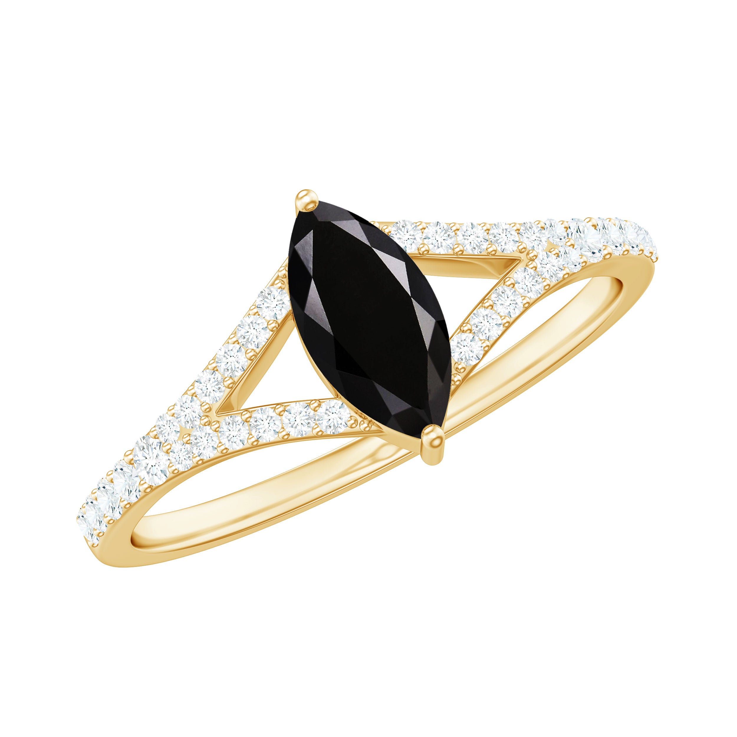 4X8mm Marquise Cut Black Onyx Minimal Engagement Ring with Diamond AAA - Rosec Jewels