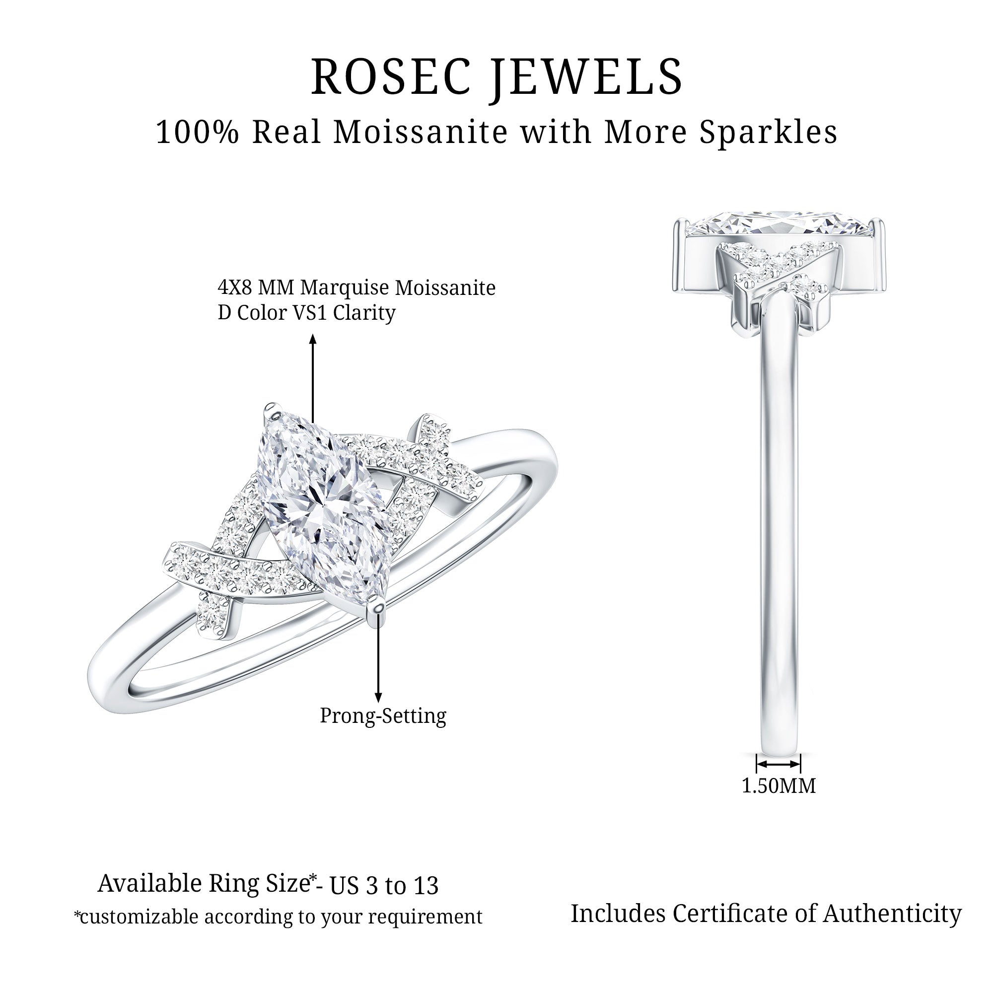 Certified Moissanite Marquise Engagement Ring for Women D-VS1 - Rosec Jewels