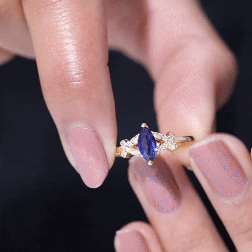 Certified 0.75 Carat Lab Grown Blue Sapphire Marquise Engagement Ring with Diamond AAAA - Rosec Jewels