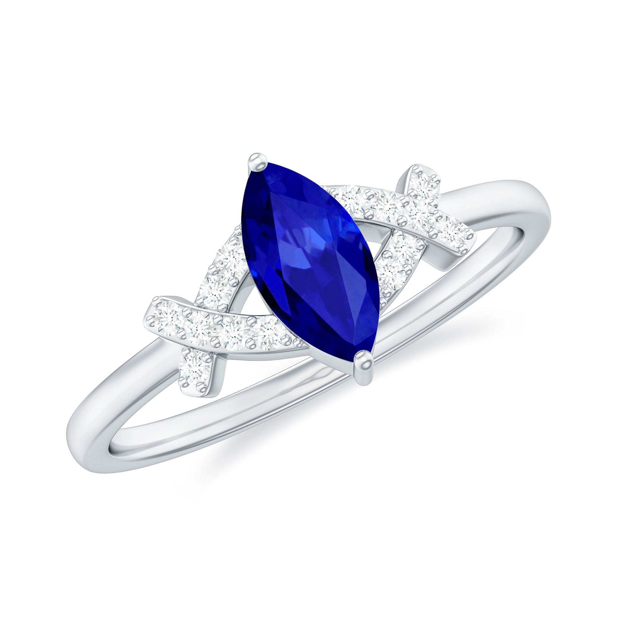 Certified 0.75 Carat Lab Grown Blue Sapphire Marquise Engagement Ring with Diamond AAAA - Rosec Jewels