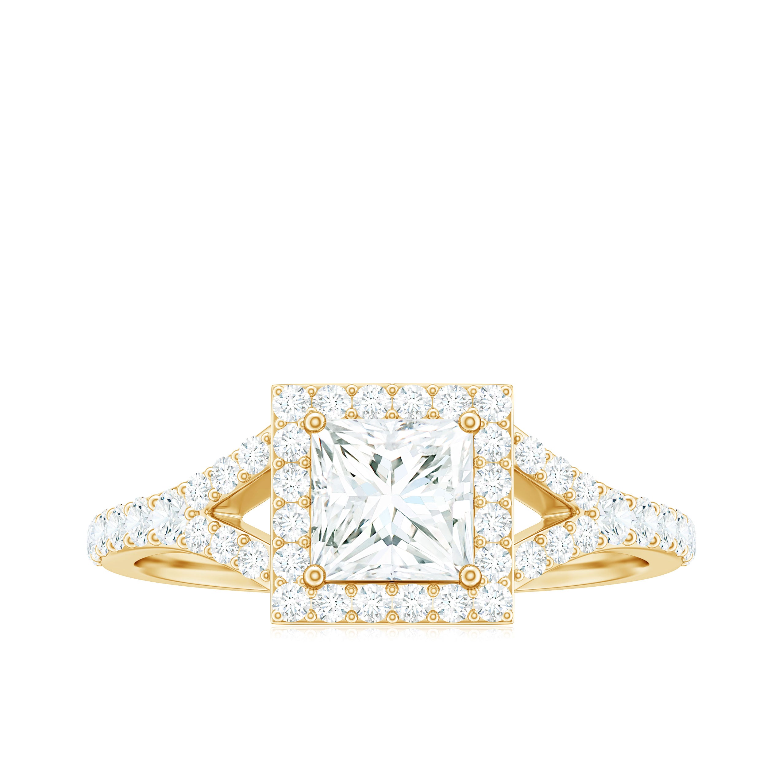 Princess Cut Moissanite Halo Engagement Ring with Split Band D-VS1 - Rosec Jewels