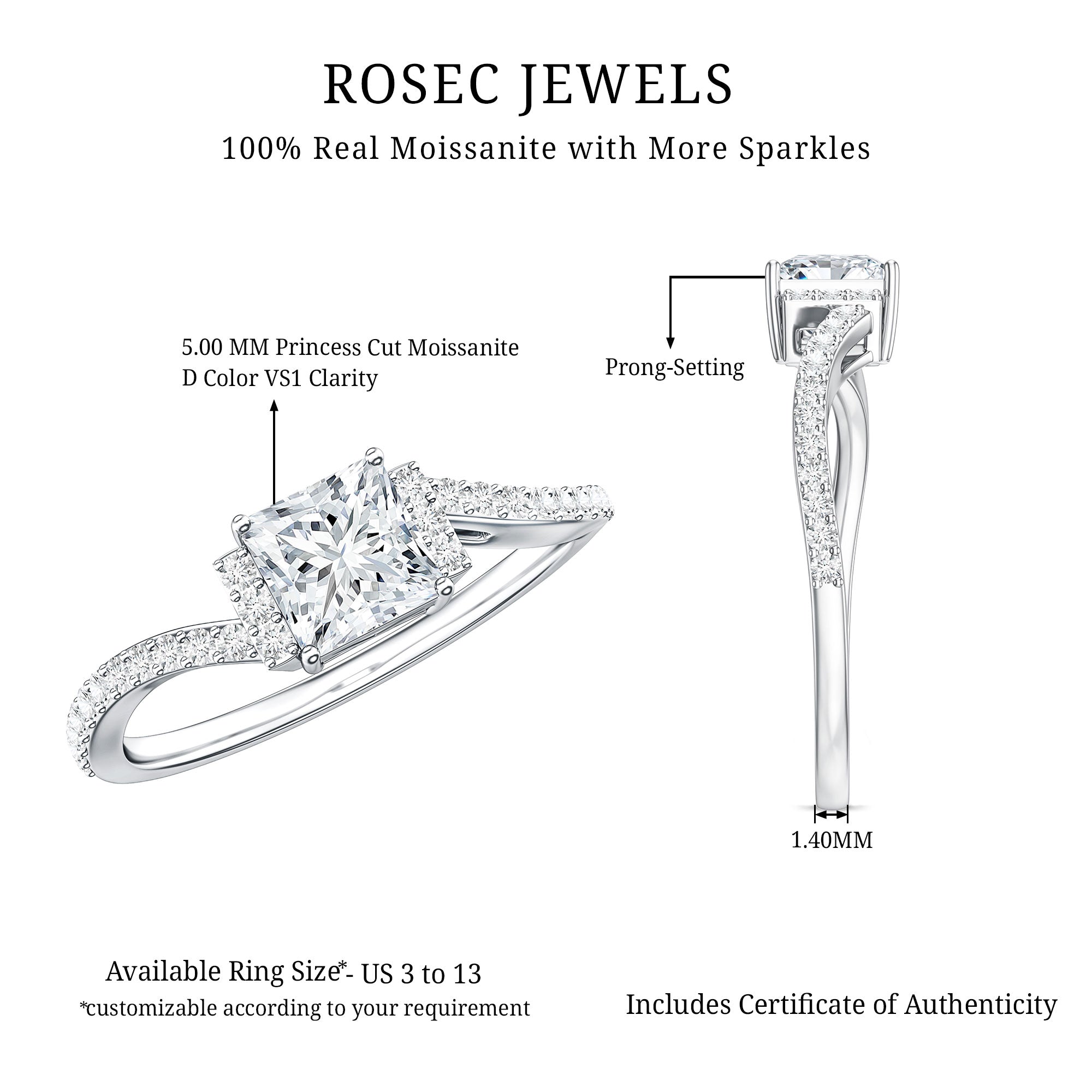 Princess Cut Moissanite Bypass Engagement Ring for Women D-VS1 - Rosec Jewels