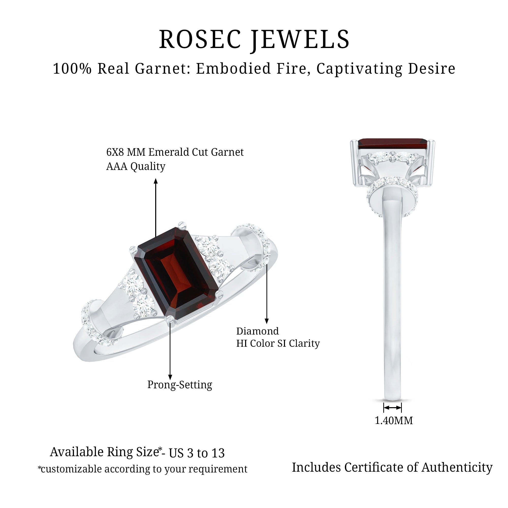 Real 6X8mm Garnet Designer Engagement Ring with Diamond AAA - Rosec Jewels