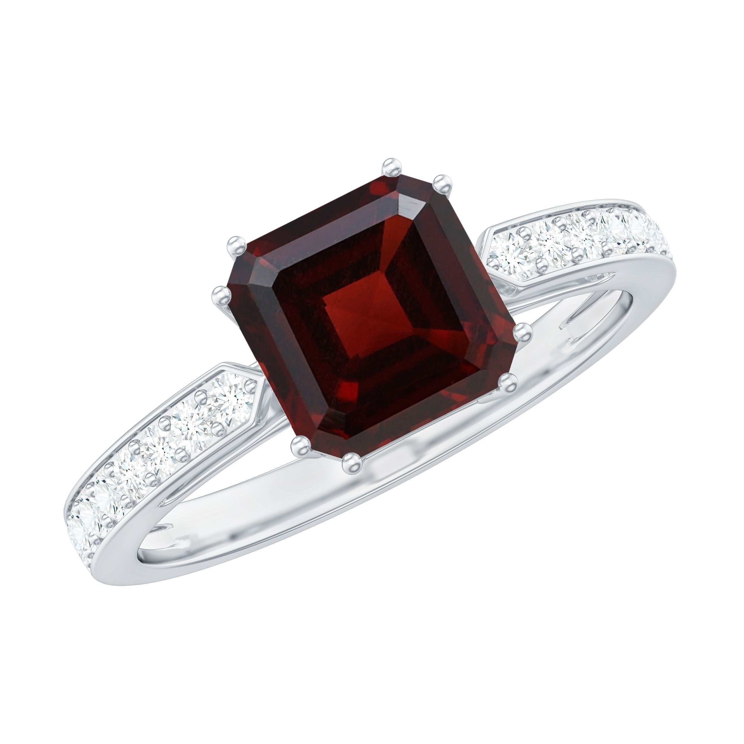 Asscher Garnet Solitaire Engagement Ring with Diamond