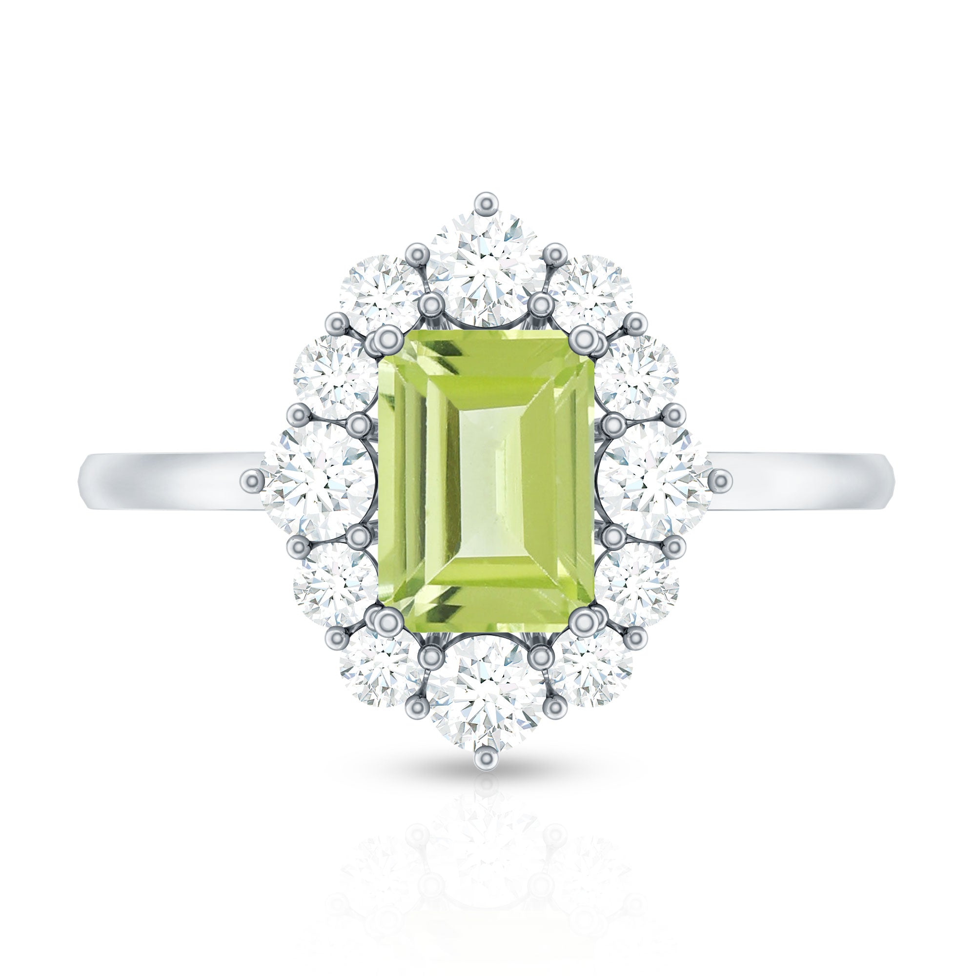 Natural 1.8 Carat Peridot Emerald Cut Engagement Ring with Diamond Halo AAA - Rosec Jewels