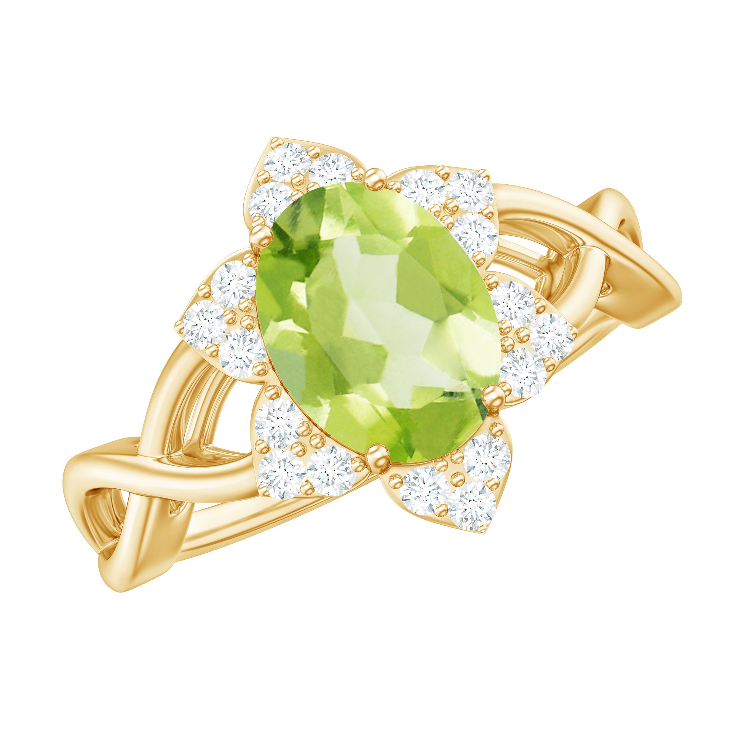 Natural 1 Carat Oval Peridot Flower Engagement Ring with Diamond AAA - Rosec Jewels