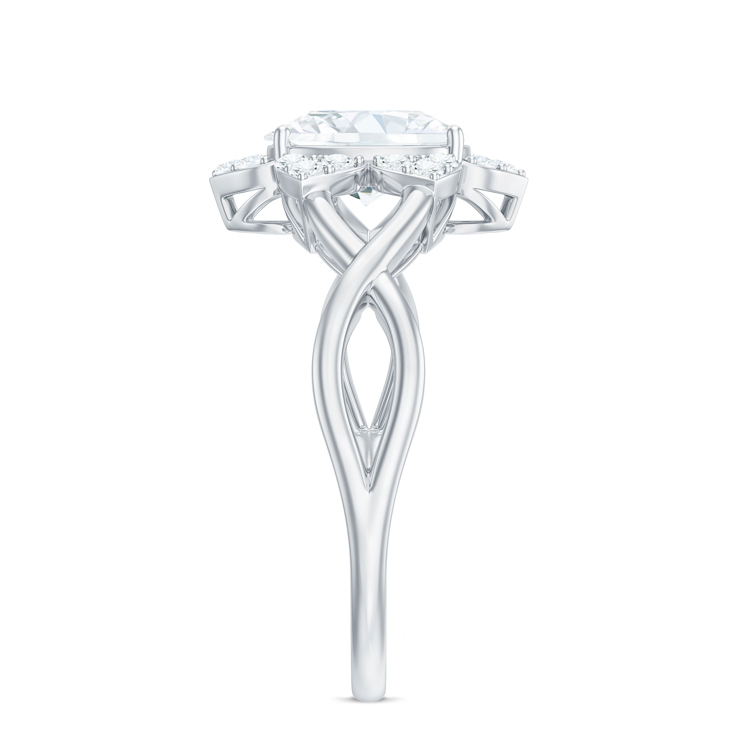 Certified Moissanite Flower Halo Engagement Ring with Criss Cross Band D-VS1 - Rosec Jewels