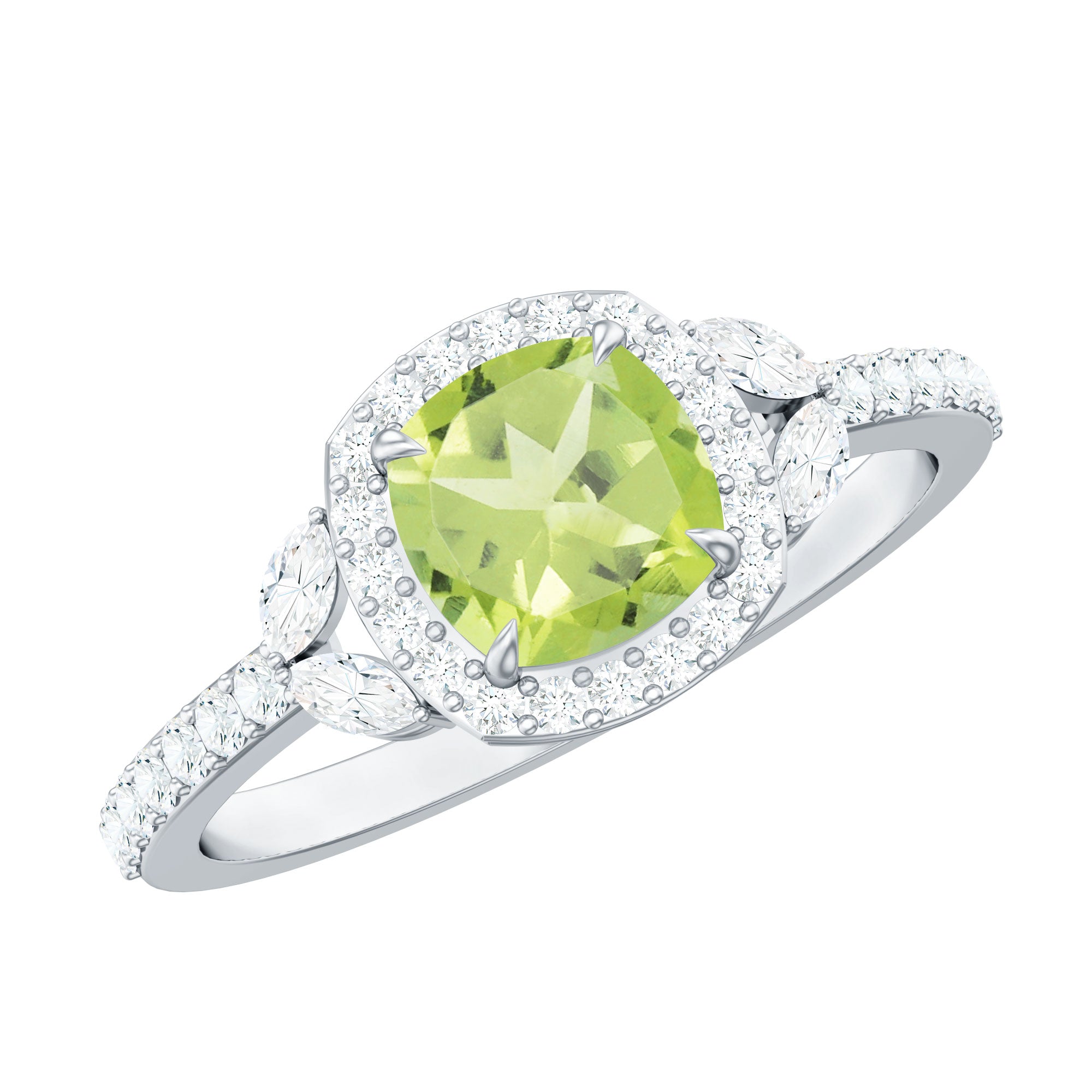 Natural Peridot Halo Engagement Ring with Diamond