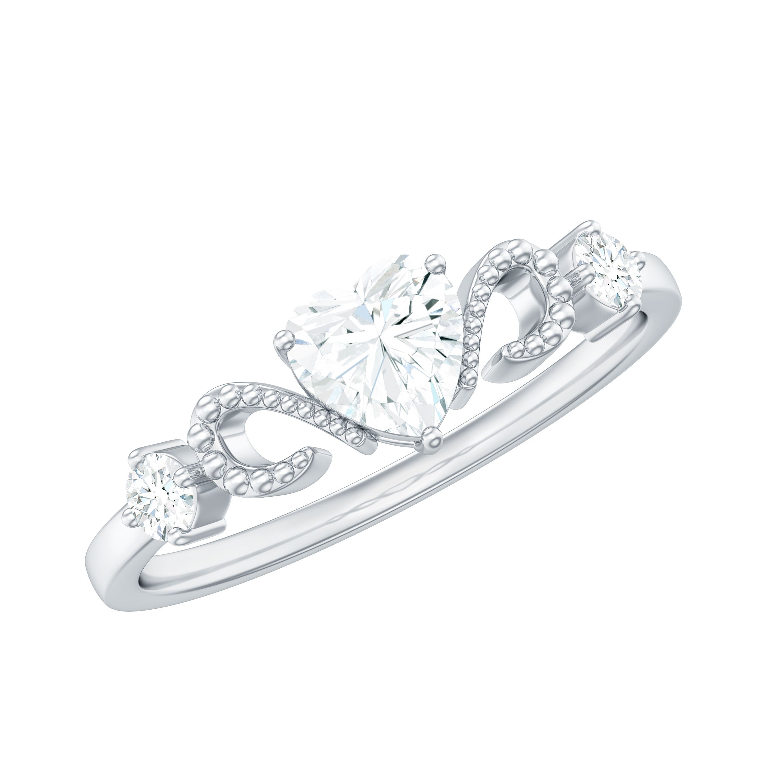 3/4 CT Minimal Zircon Heart Engagement Ring with Gold Beaded AAAA - Rosec Jewels