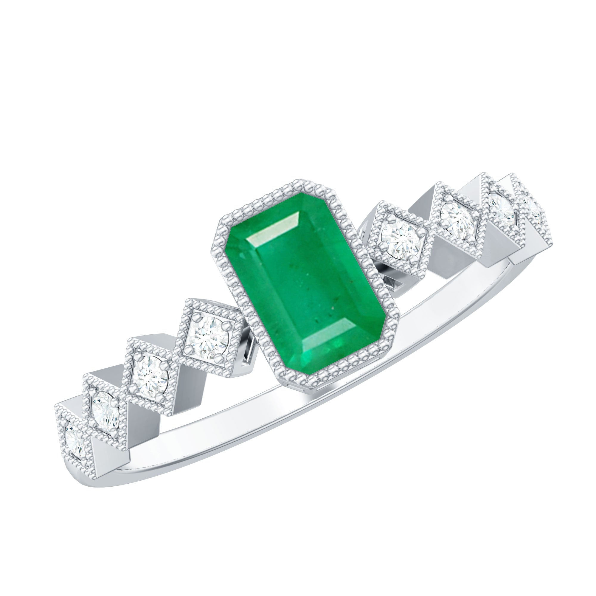 Vintage Looking Emerald Cut Emerald Engagement Ring with Diamond