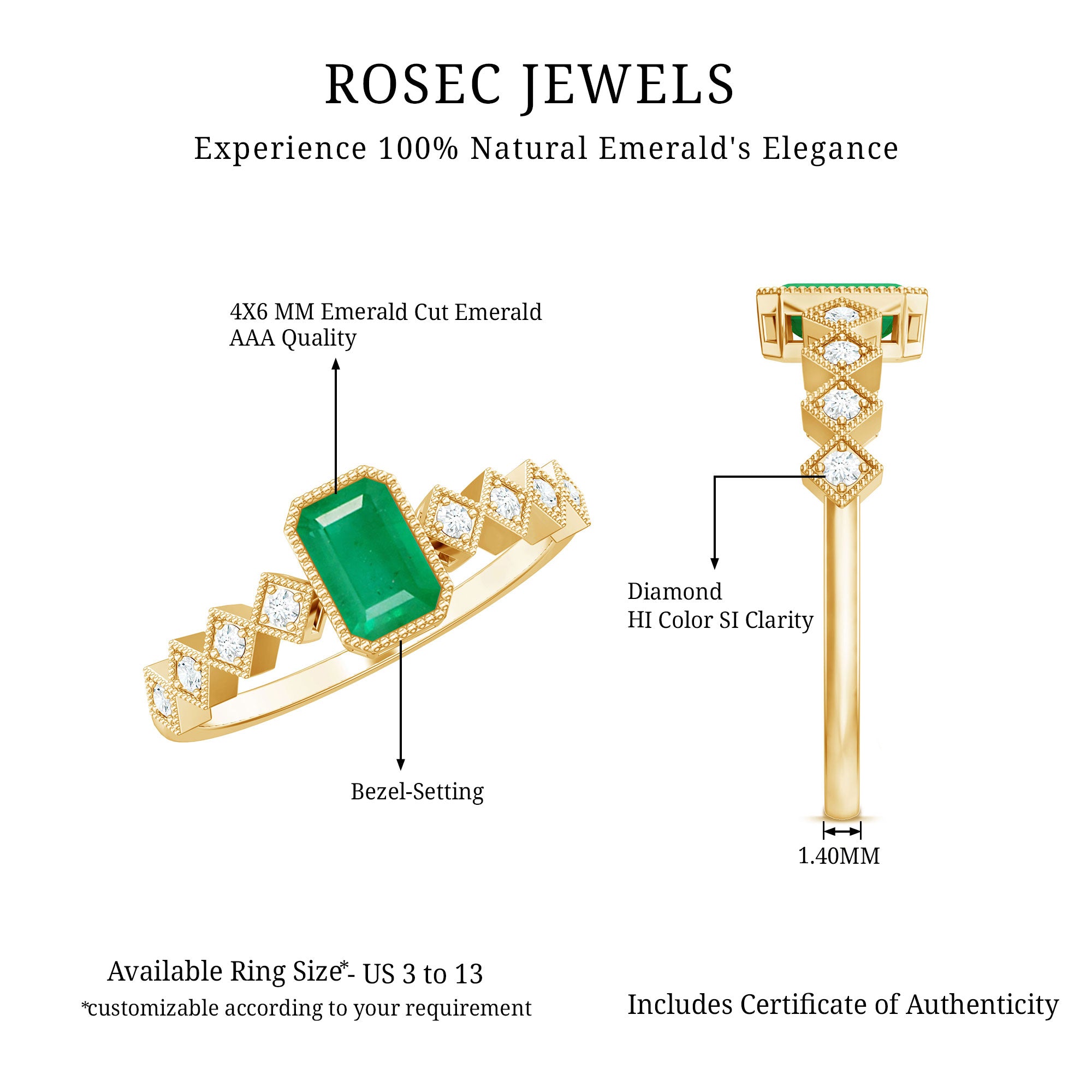 Vintage Looking Emerald Cut Emerald Engagement Ring with Diamond AAA - Rosec Jewels