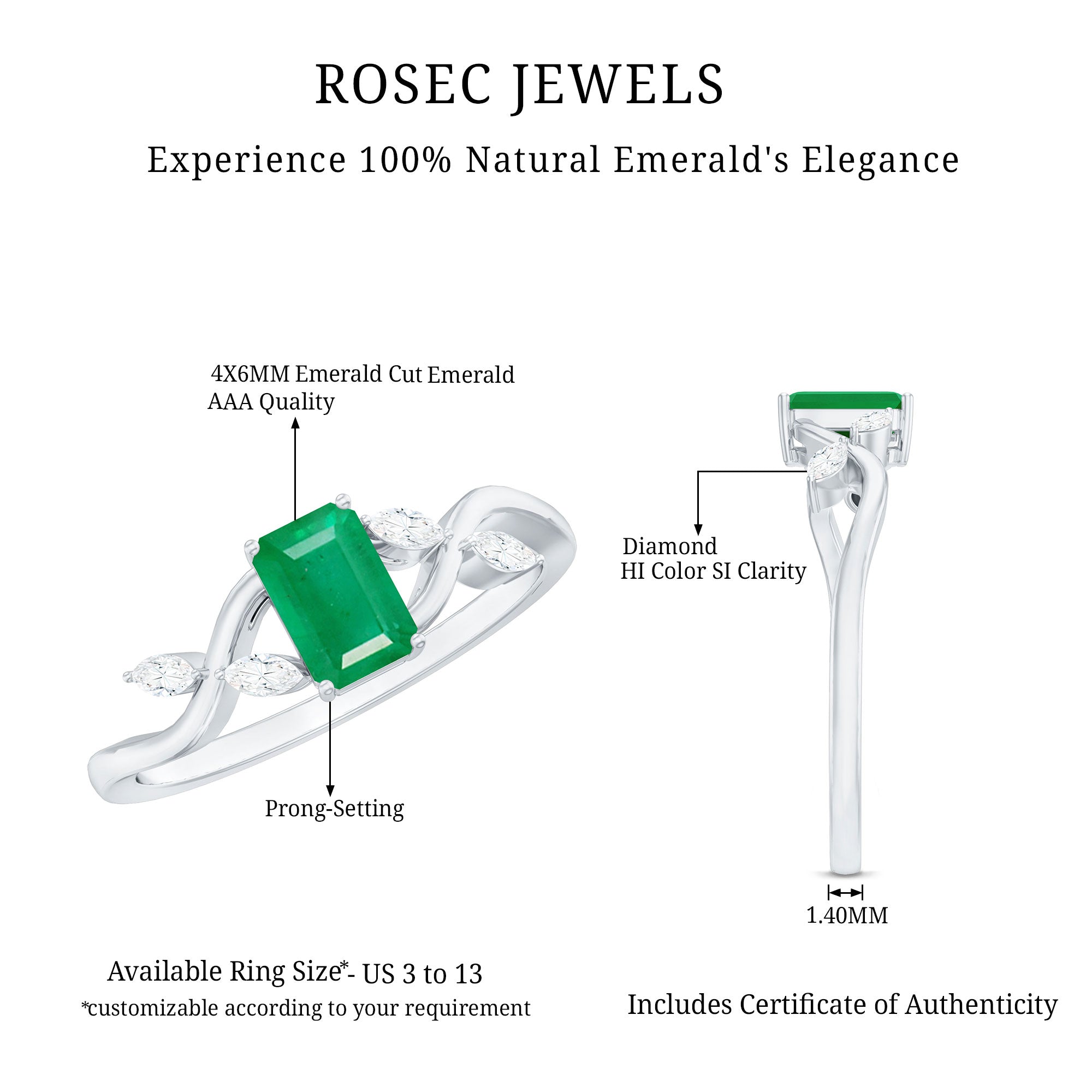Natural Emerald Cut Emerald Designer Engagement Ring with Diamond AAA - Rosec Jewels