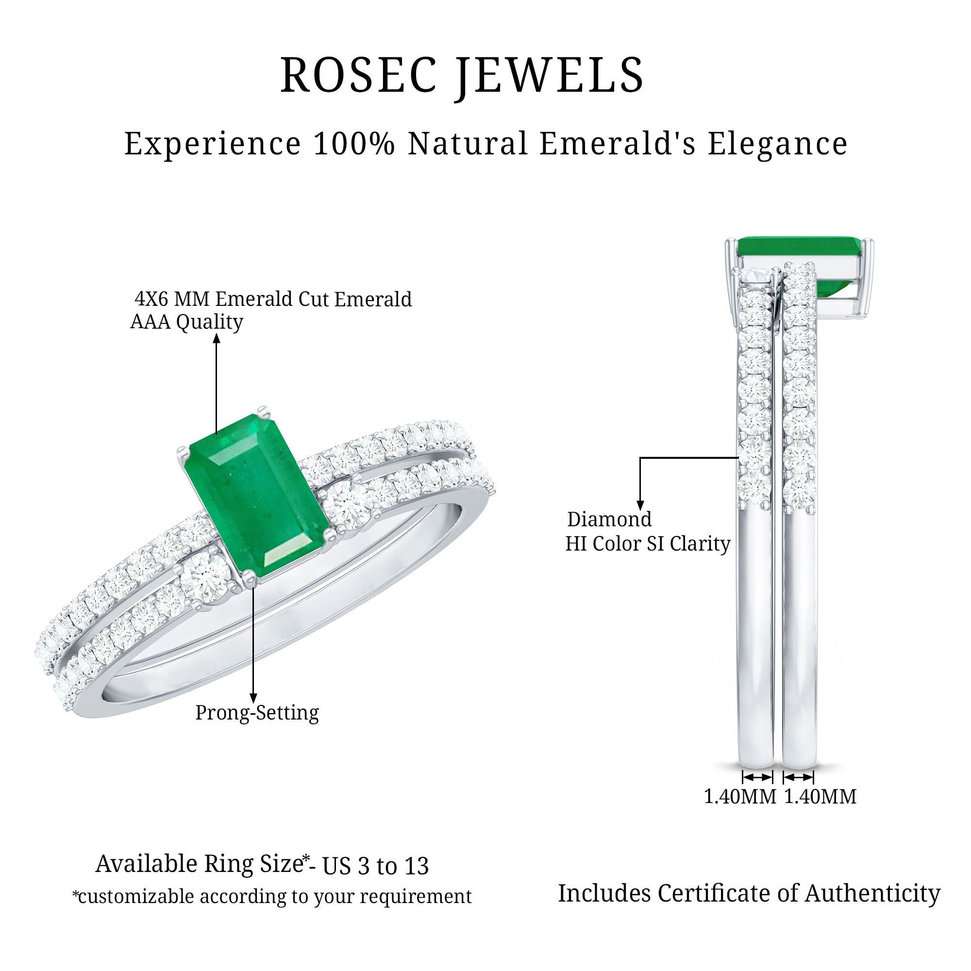 Genuine Emerald Diamond Emerald Cut Engagement Ring and Wedding Band Set AAA - Rosec Jewels