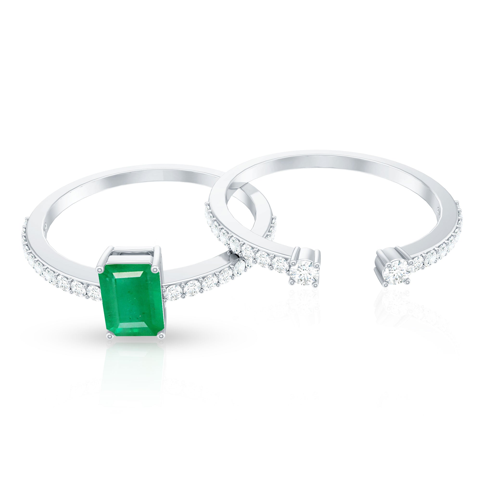 Genuine Emerald Diamond Emerald Cut Engagement Ring and Wedding Band Set AAA - Rosec Jewels