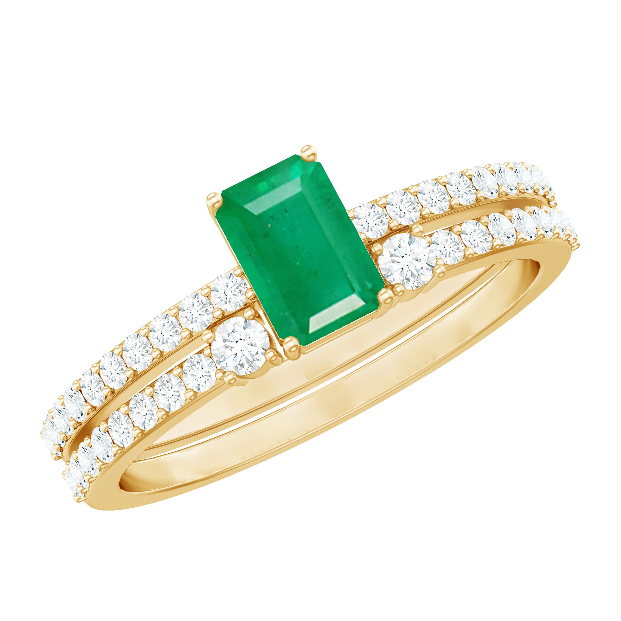 Genuine Emerald Diamond Emerald Cut Engagement Ring and Wedding Band Set AAA - Rosec Jewels