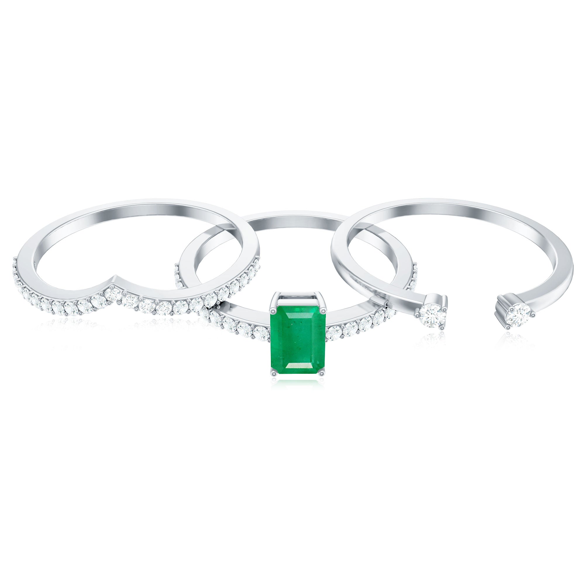 Rosec Jewels-Natural Emerald Cut Emerald Diamond 3 Piece Bridal Ring Set