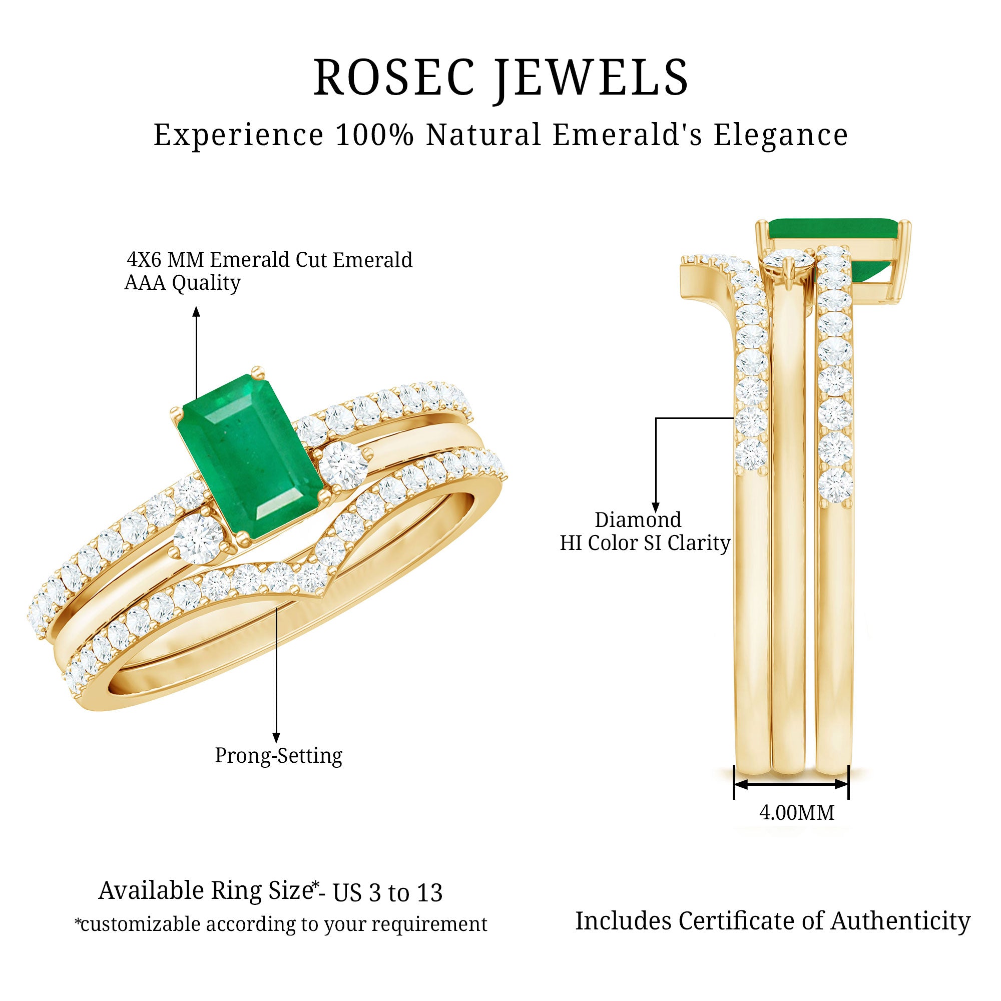 Rosec Jewels-Natural Emerald Cut Emerald Diamond 3 Piece Bridal Ring Set