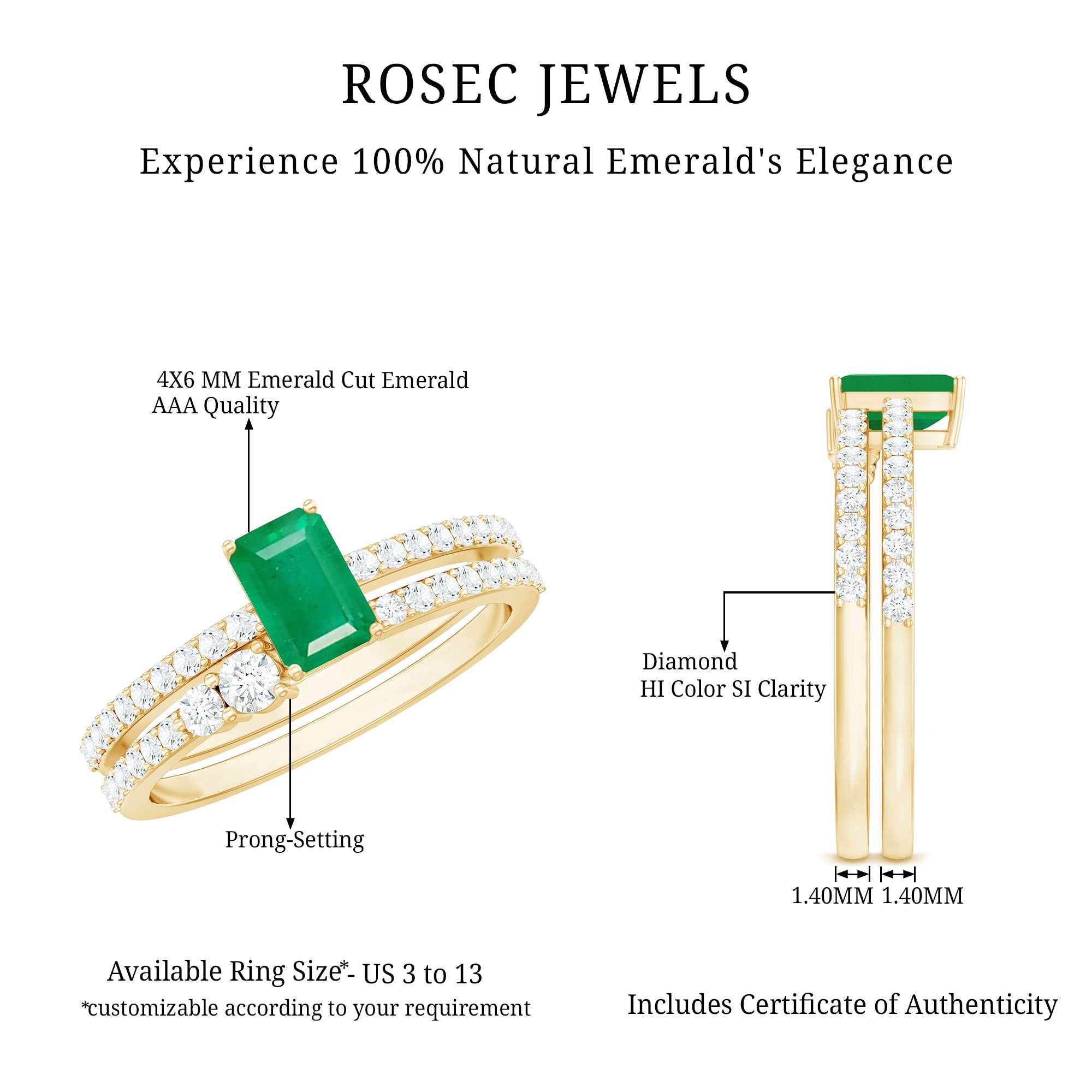 Rosec Jewels-Genuine Emerald Diamond Emerald Cut Engagement Ring with Enhancer