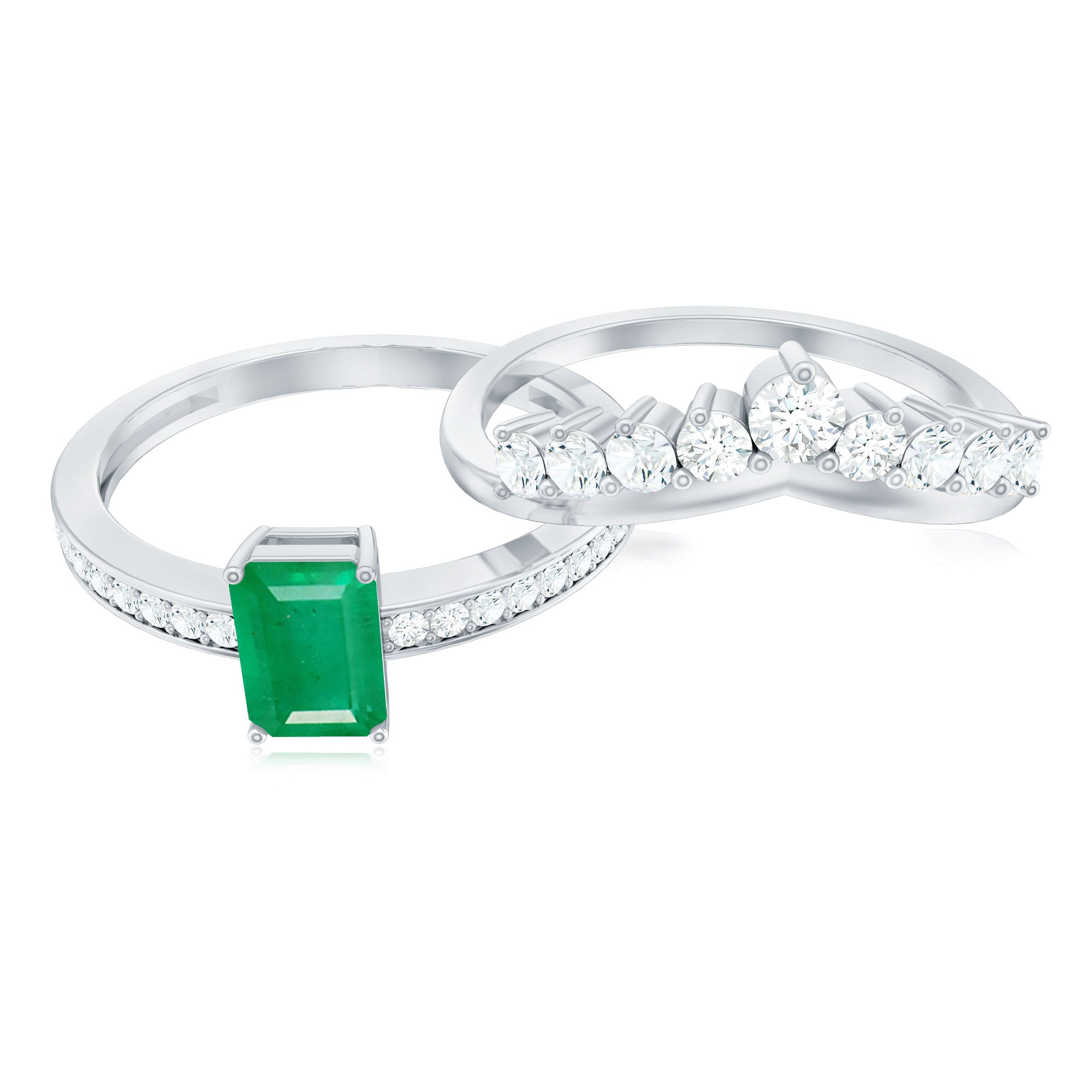Natural Emerald Diamond Emerald Cut Engagement Ring with Curved Wedding Band AAA - Rosec Jewels