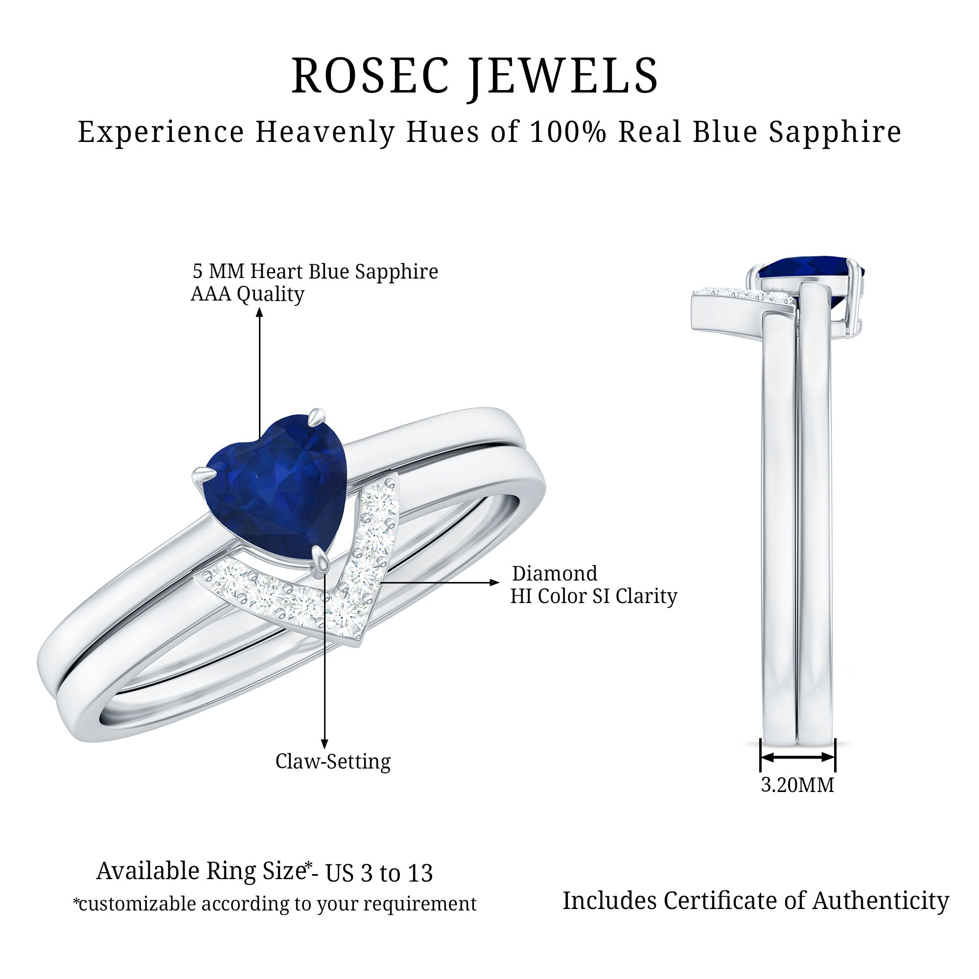 Rosec Jewels-3/4 CT Heart Shape Blue Sapphire Solitaire Ring Set with Diamond Chevron Band