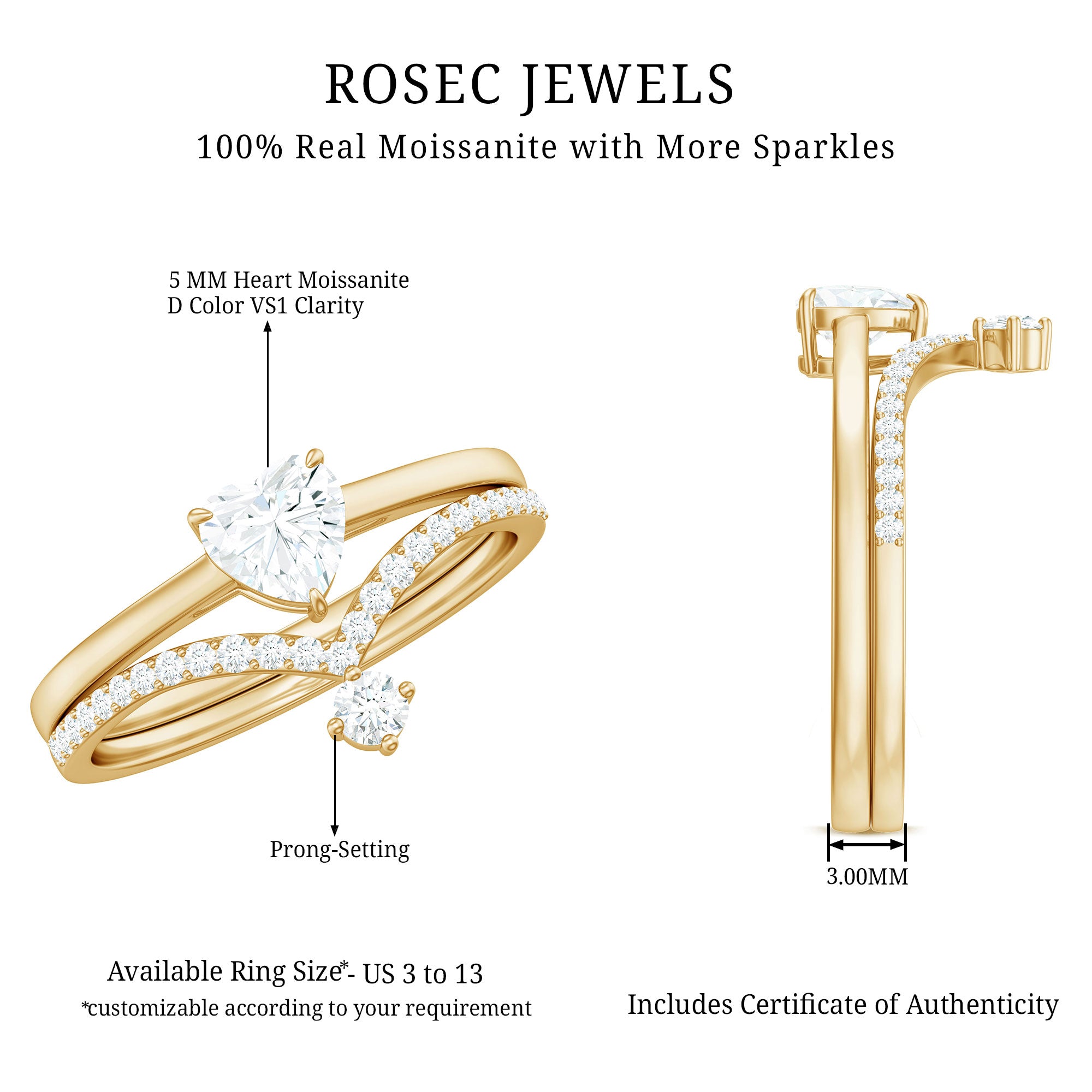 Heart Shape Moissanite Solitaire Engagement Ring with Enhancer D-VS1 - Rosec Jewels